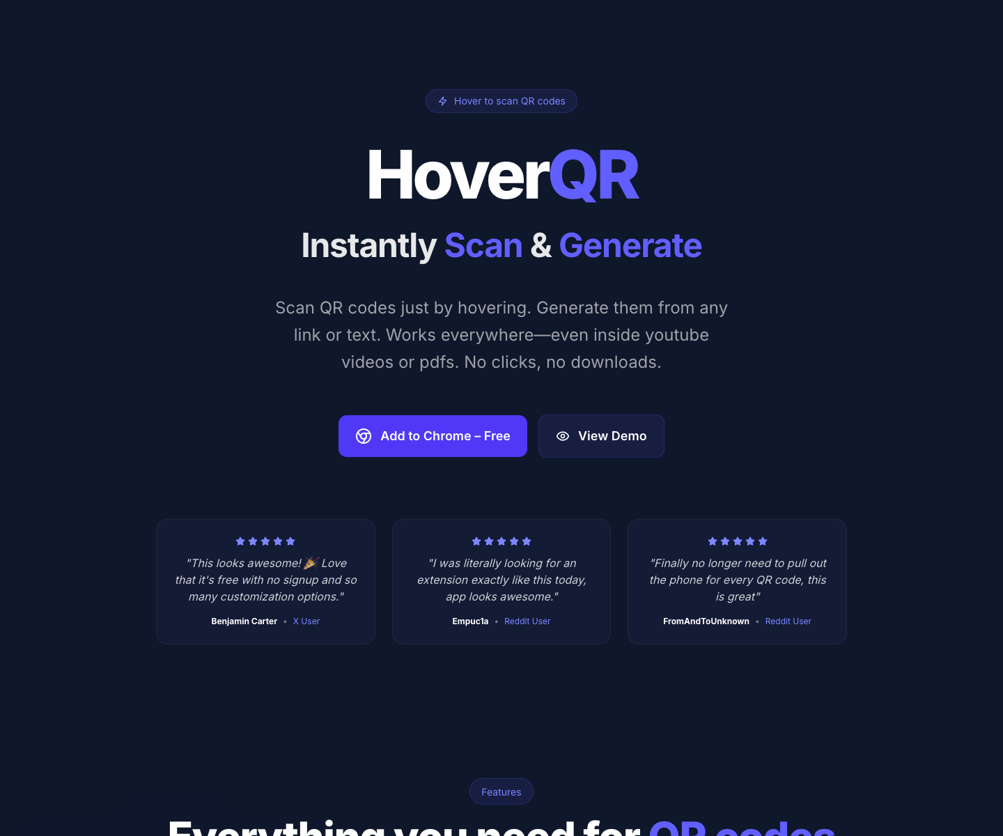 HoverQR landing page screenshot