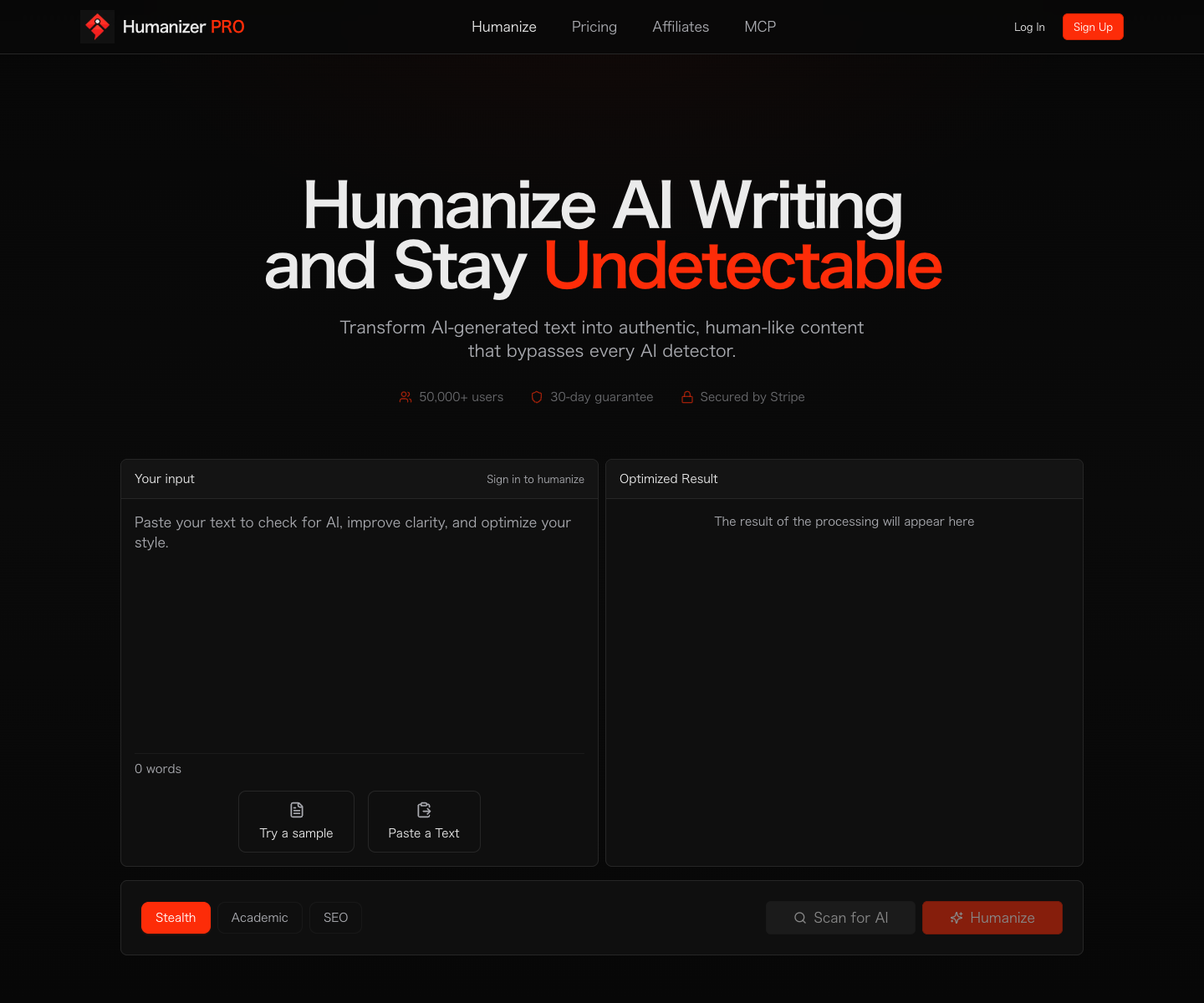Humanizer PRO landing page screenshot
