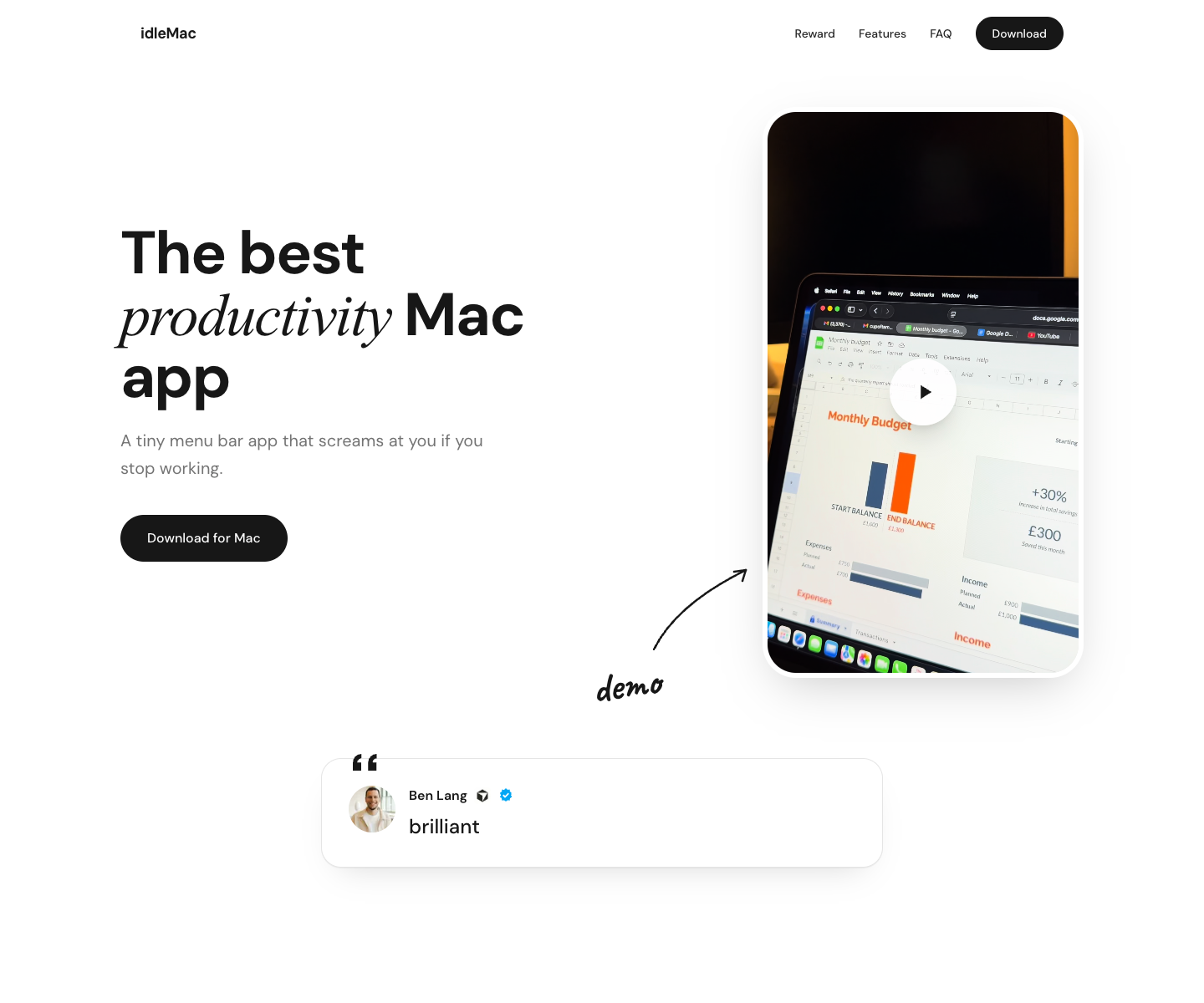IdleMac landing page screenshot