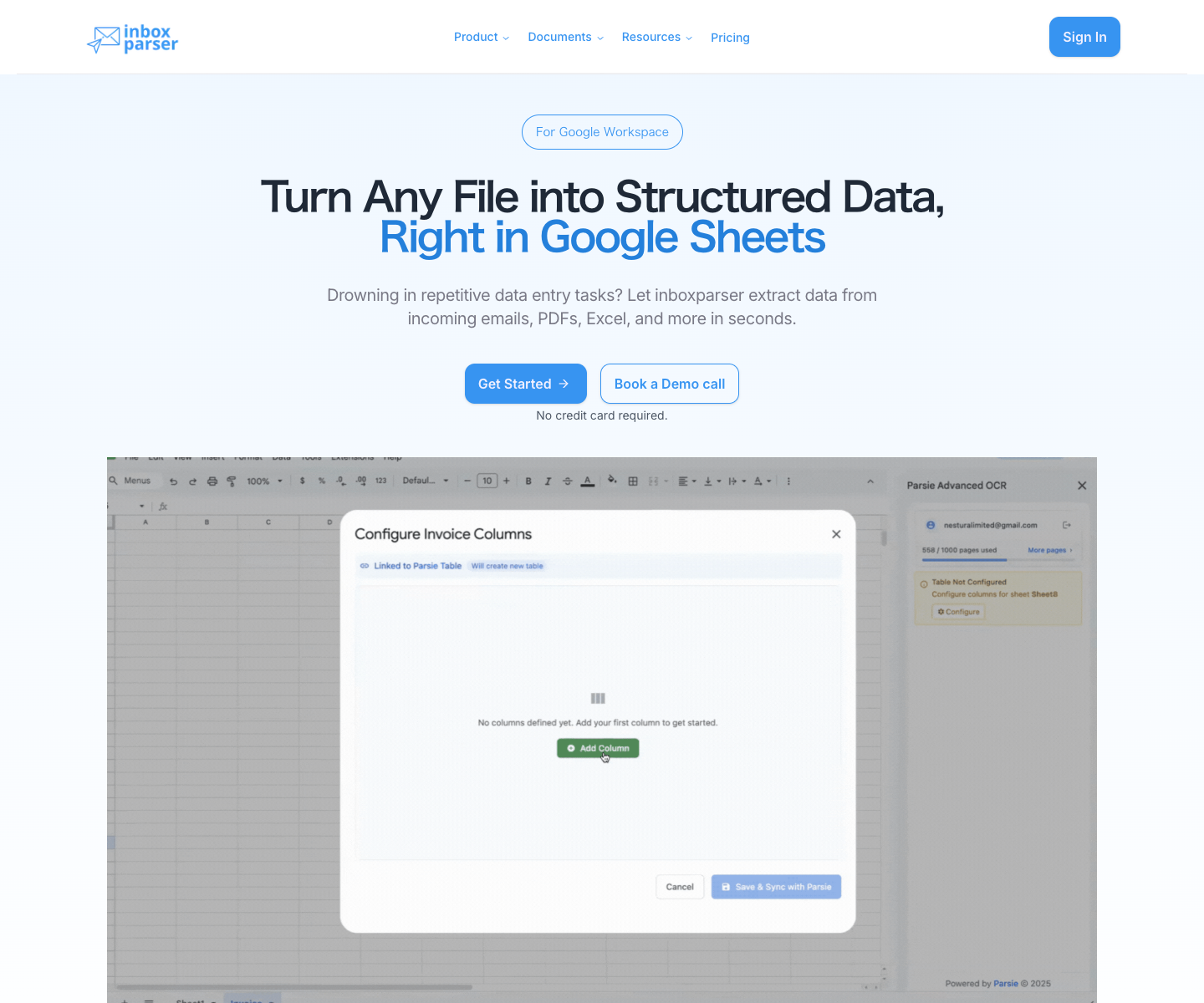 Inboxparser landing page screenshot