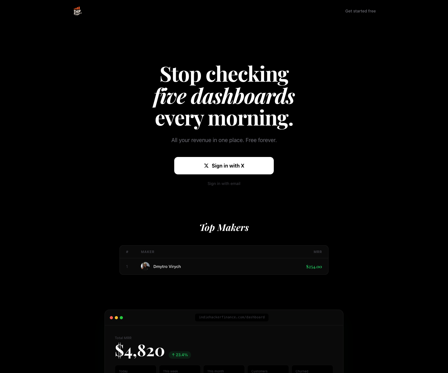 Indie Hacker Finance landing page screenshot