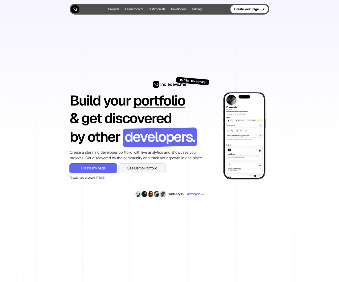 IndieDevs landing page screenshot