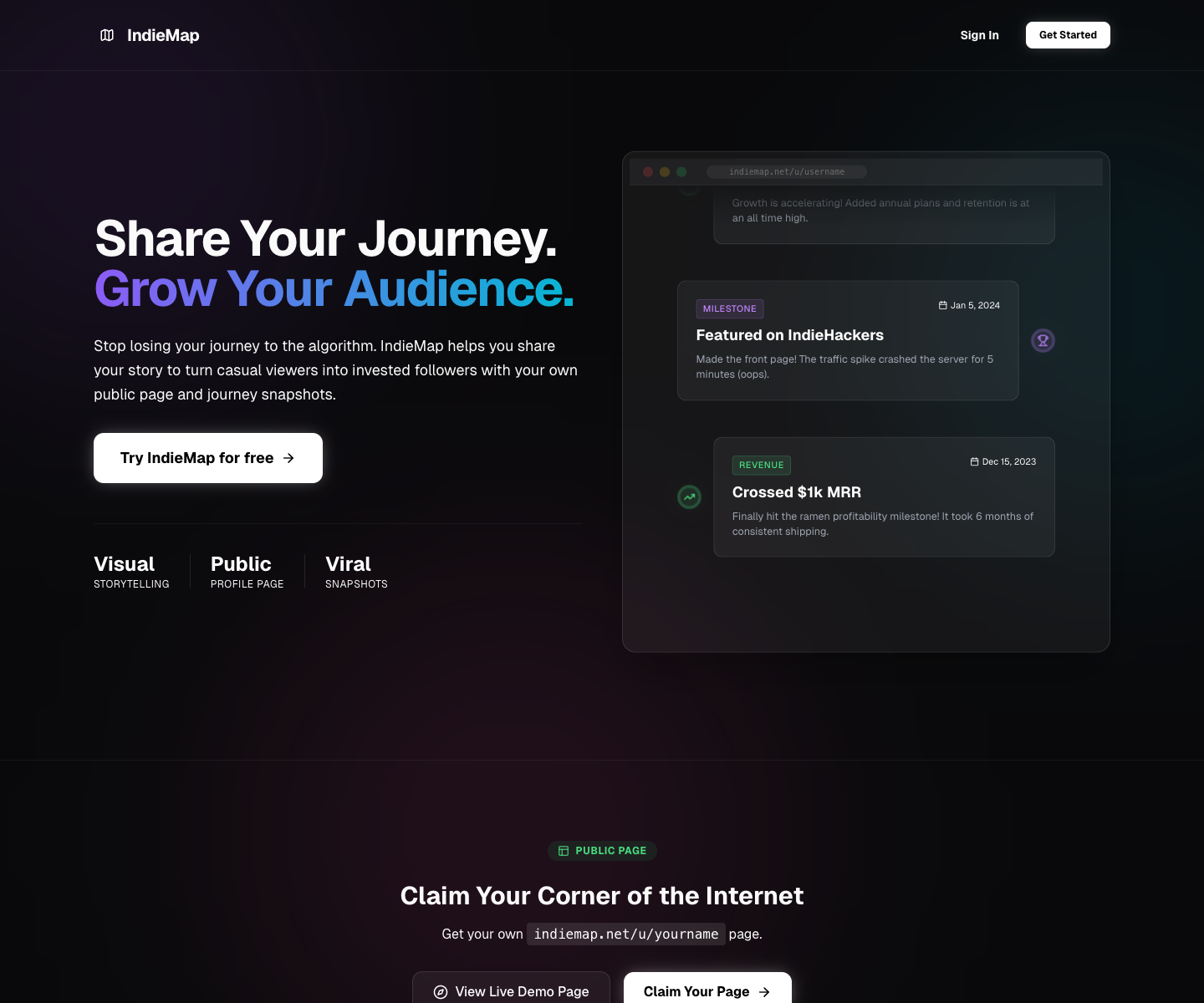 IndieMap landing page screenshot