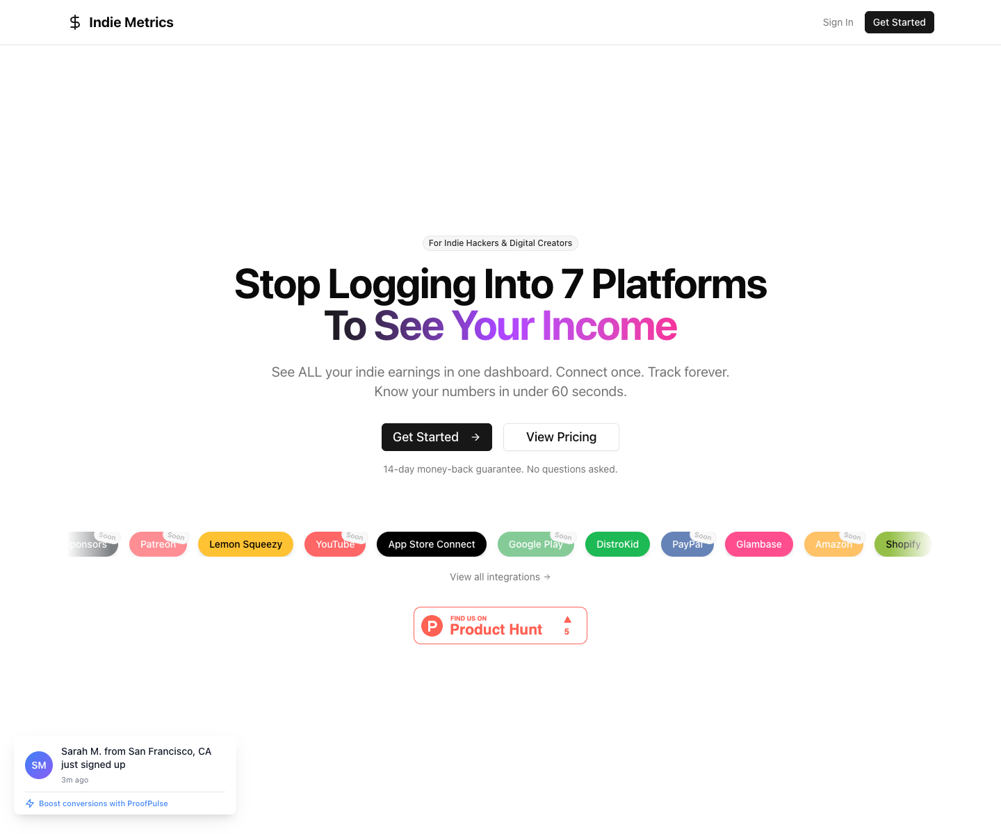 IndieMetrics landing page screenshot