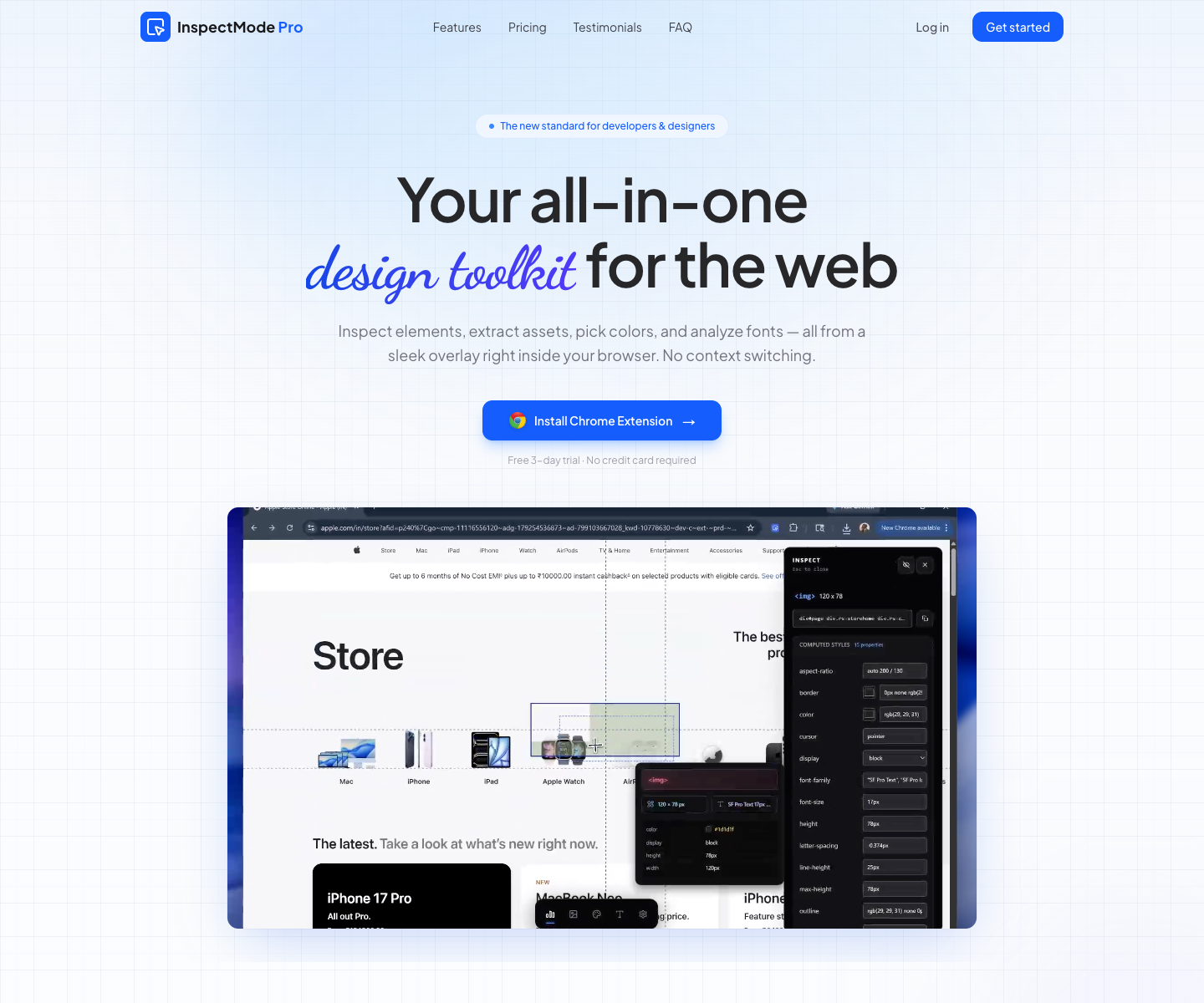 Inspect Mode Pro landing page screenshot