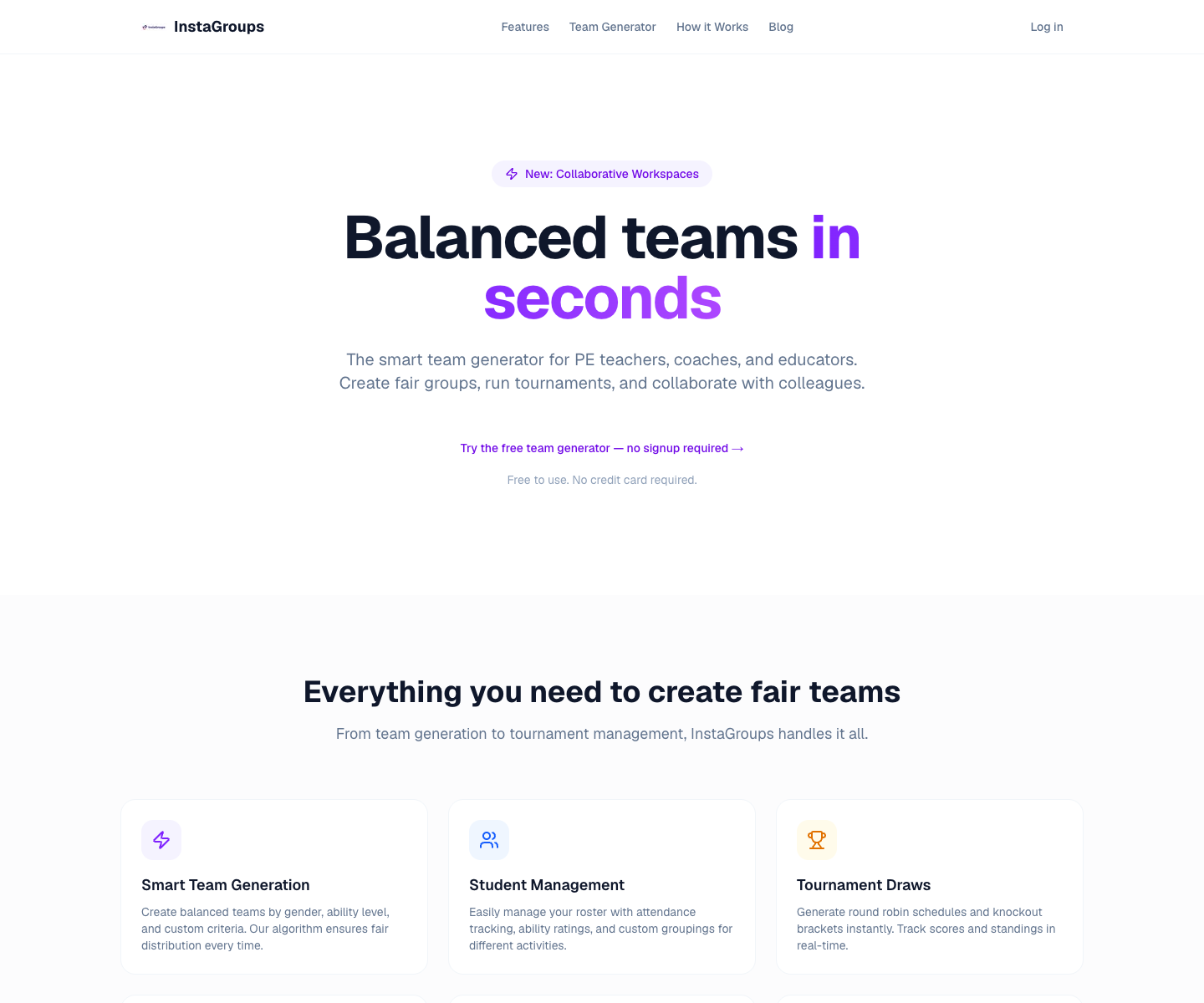 InstaGroups landing page screenshot