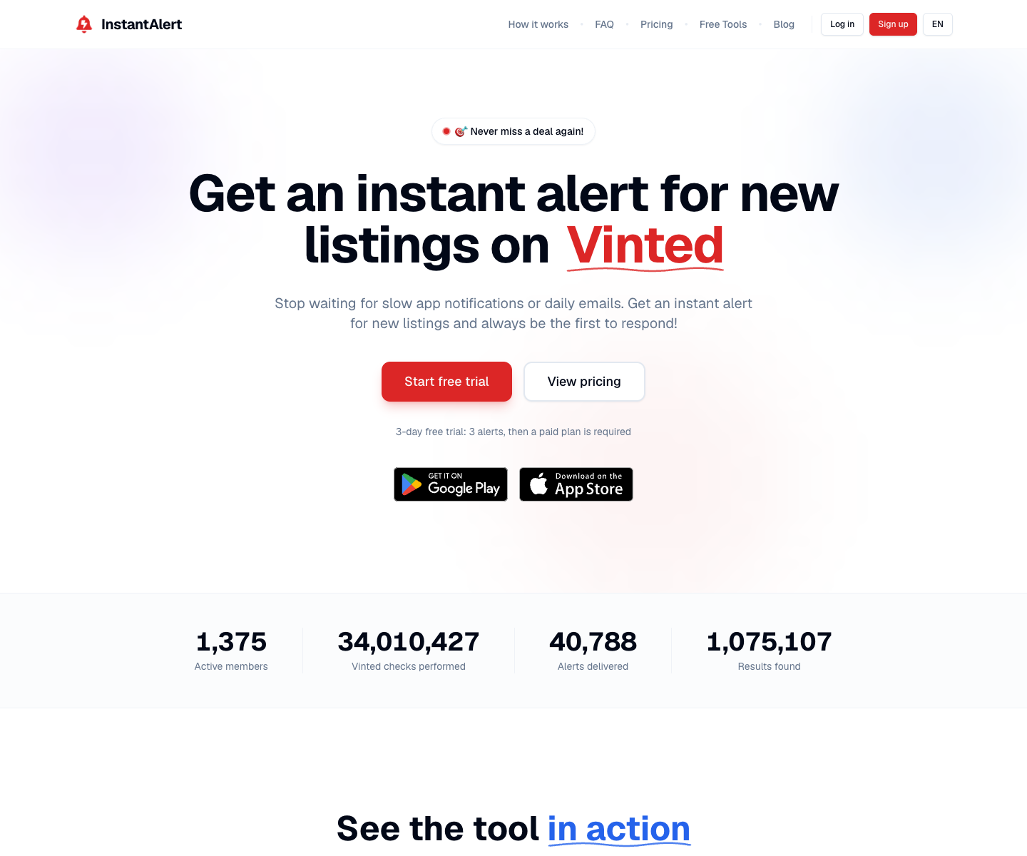 InstantAlert landing page screenshot