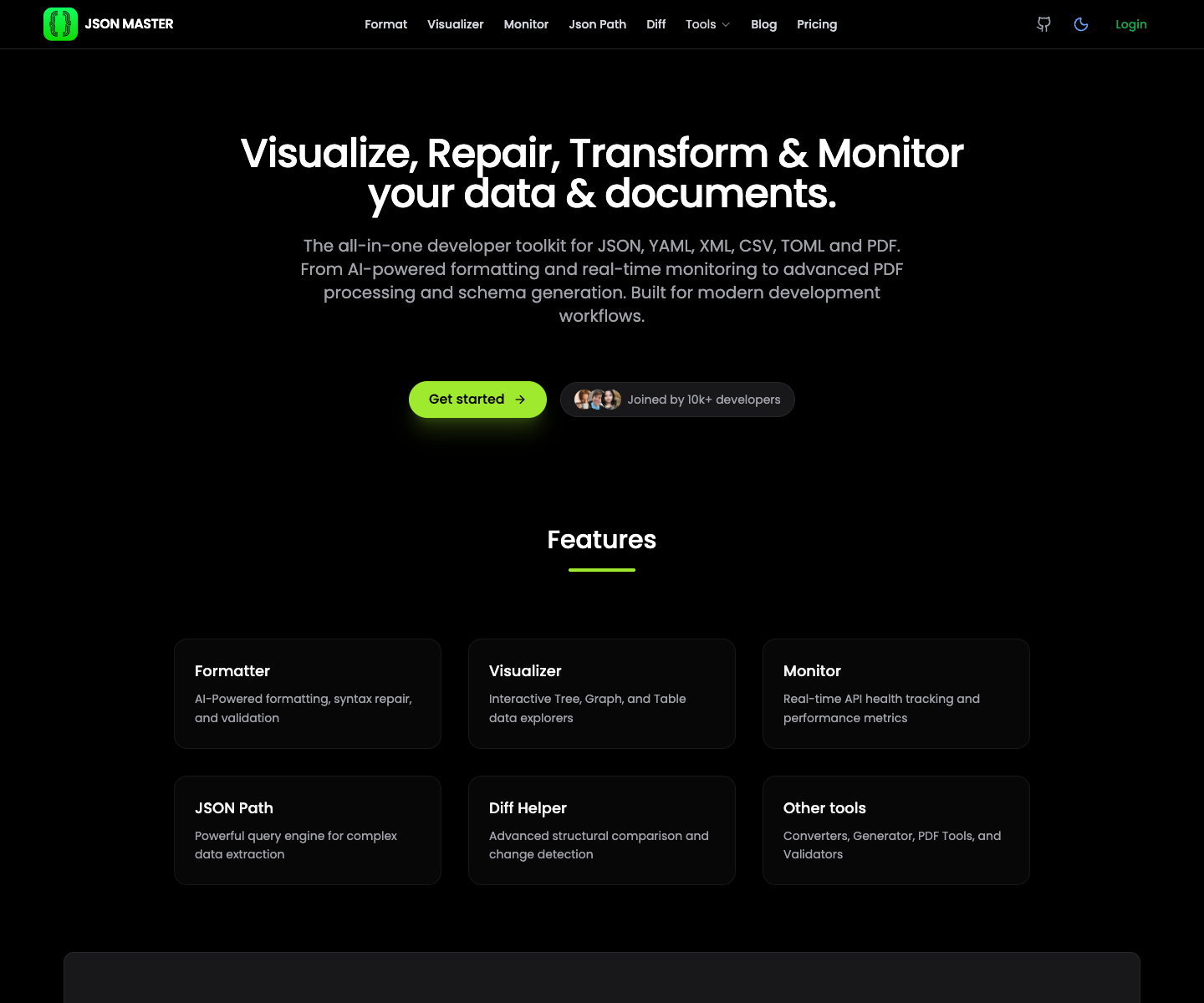 JSONMASTER landing page screenshot