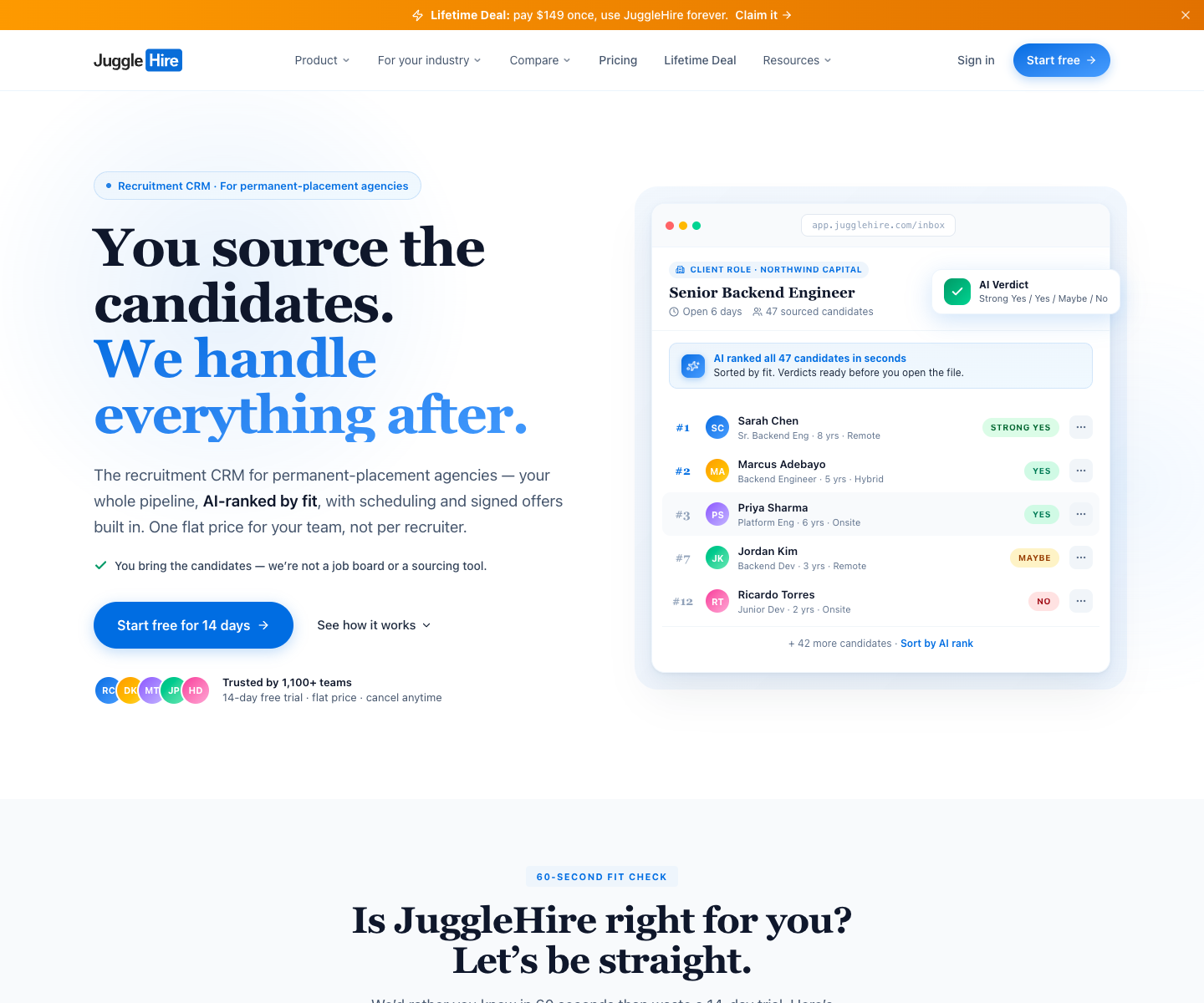 JuggleHire landing page screenshot