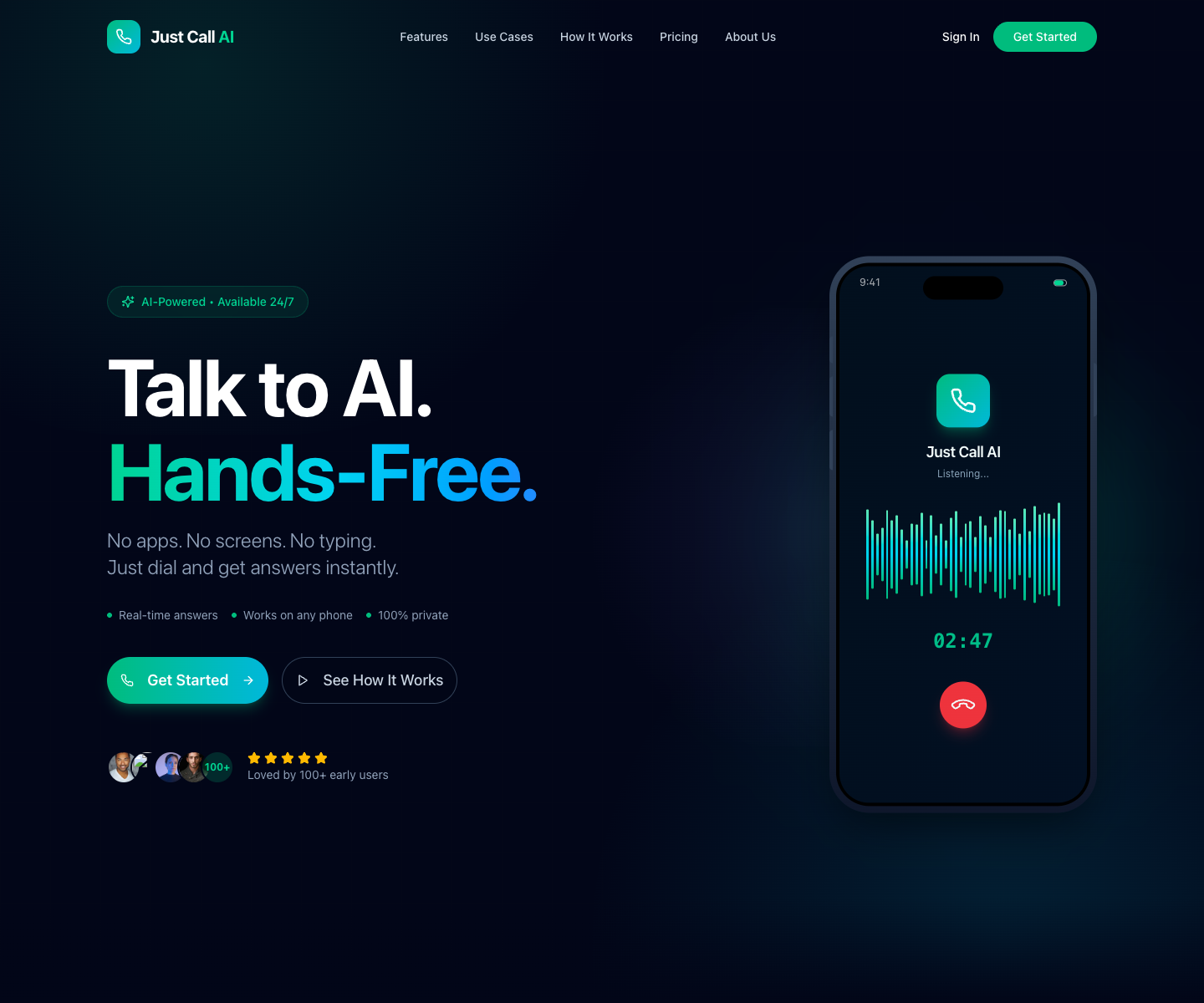 Just Call AI landing page screenshot