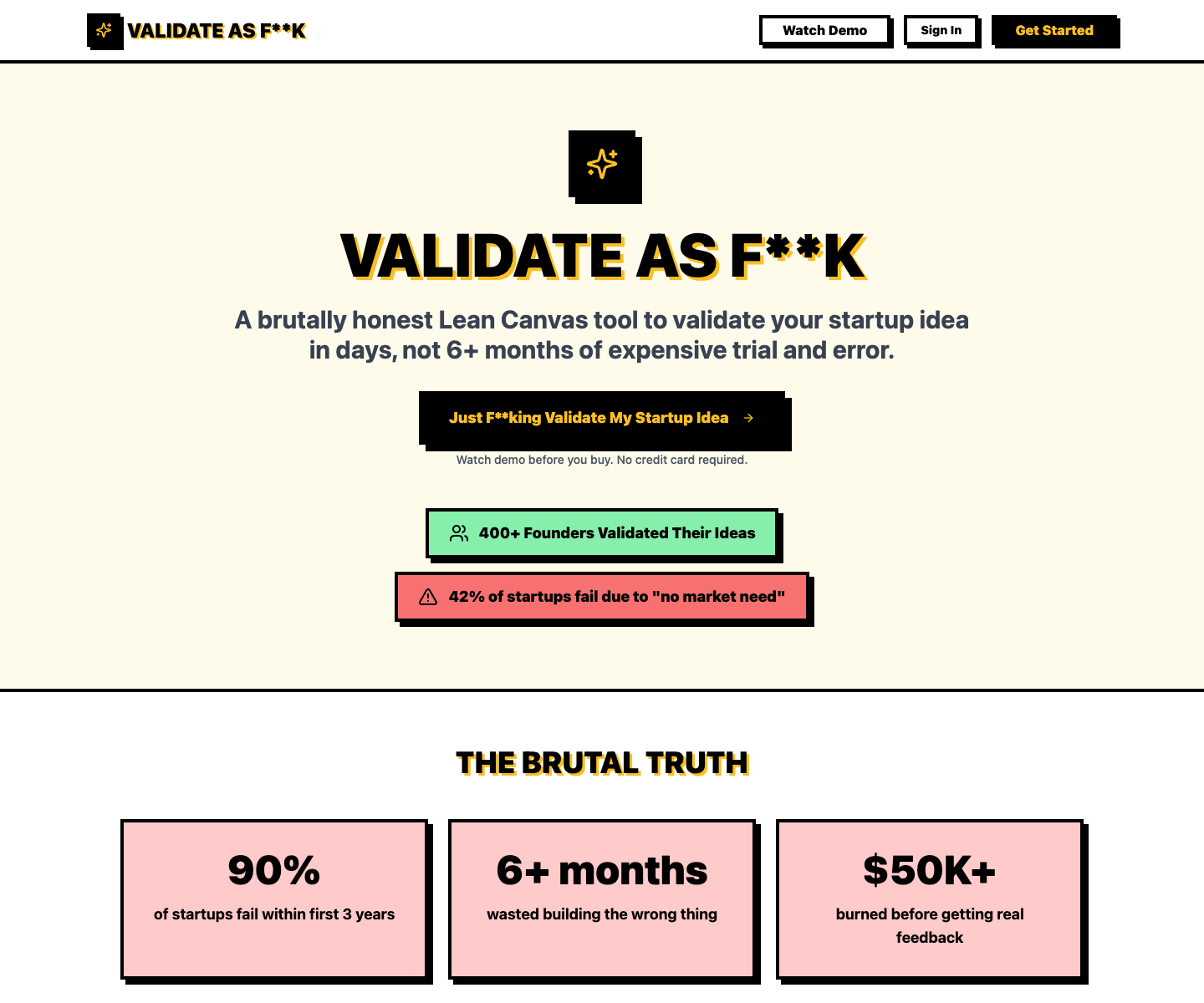 Just F**king Validate Your Startup Idea landing page screenshot