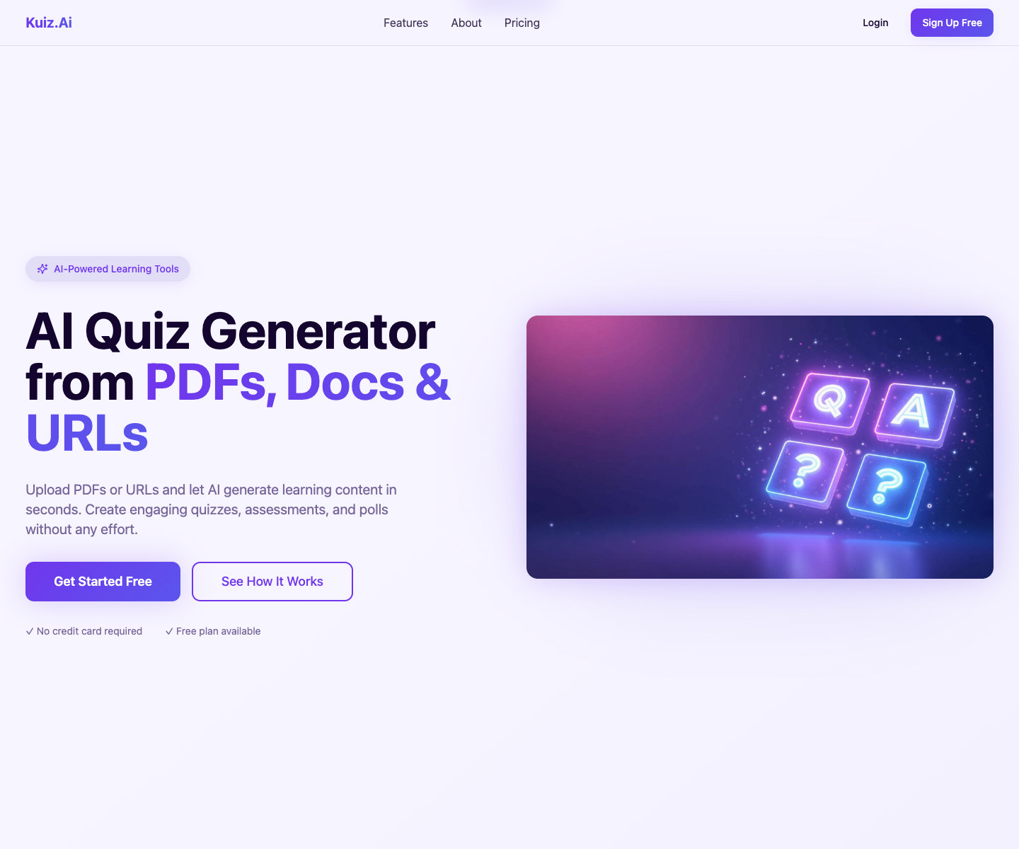 Kuiz.ai landing page screenshot