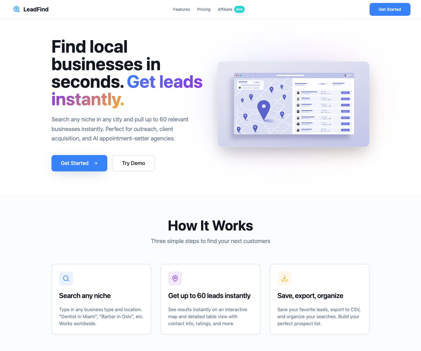 LeadFind.ai landing page screenshot