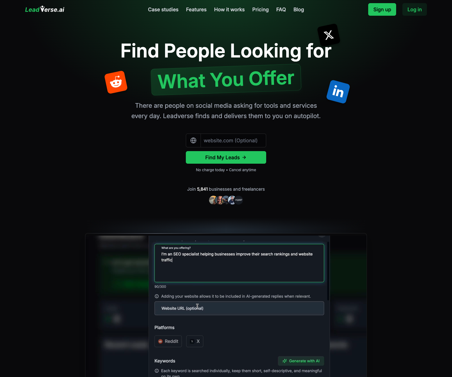 Leadverse landing page screenshot