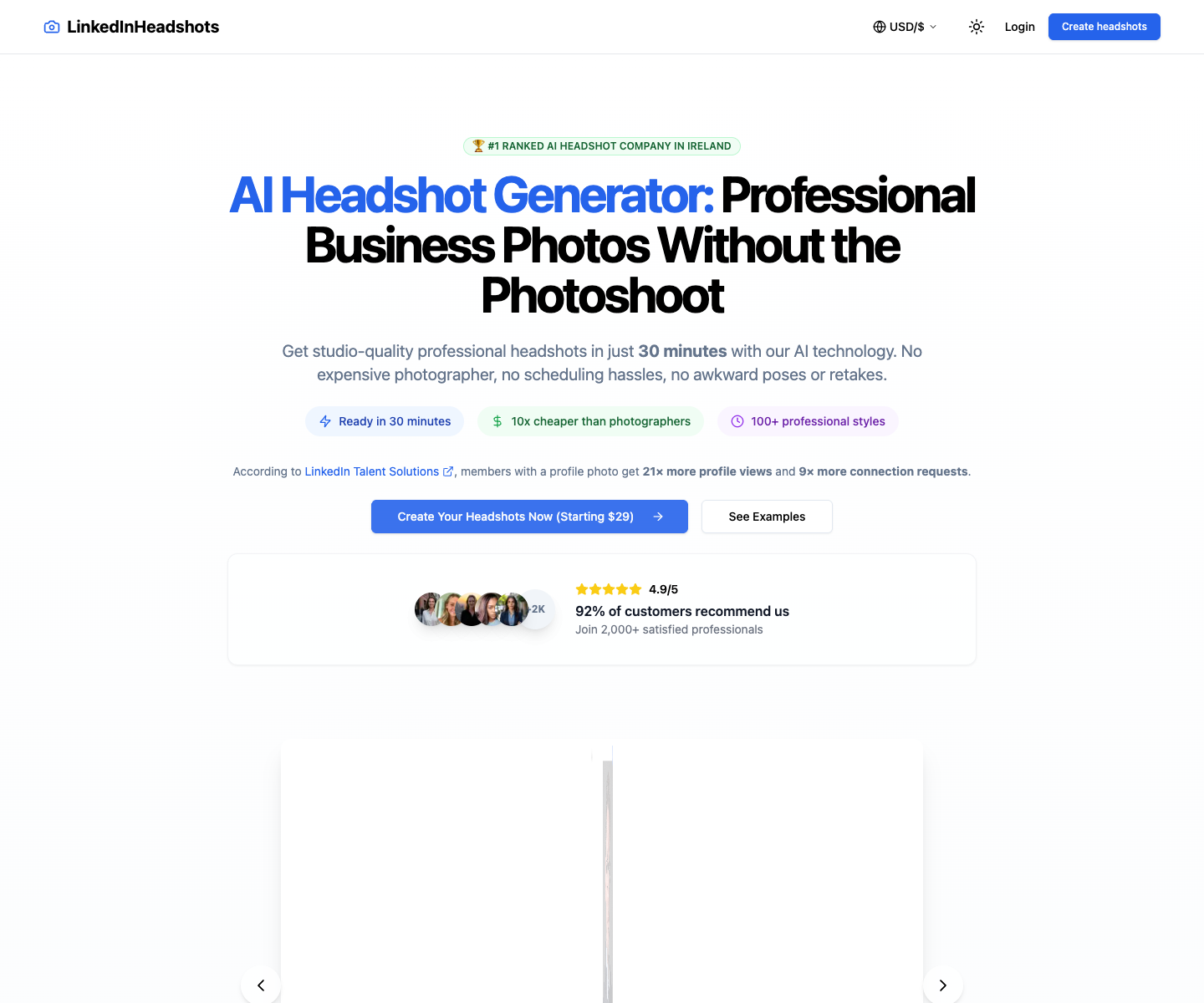 LinkedinHeadshots.ai landing page screenshot