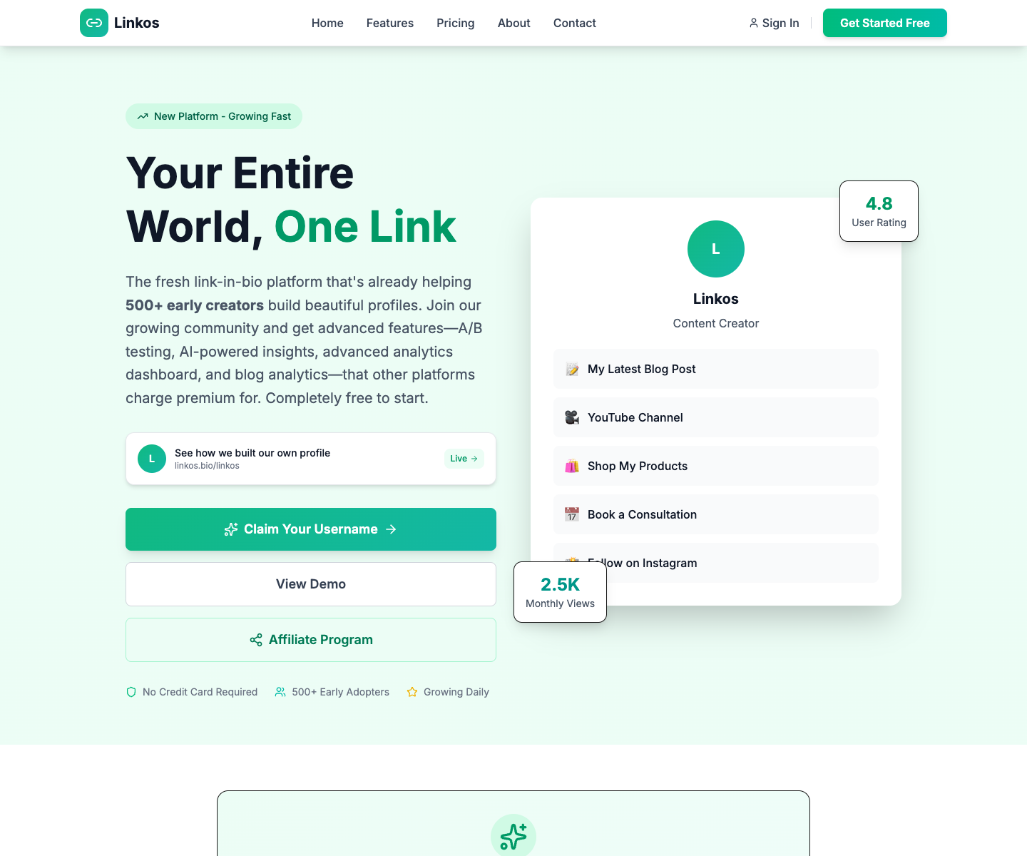 Linkos landing page screenshot