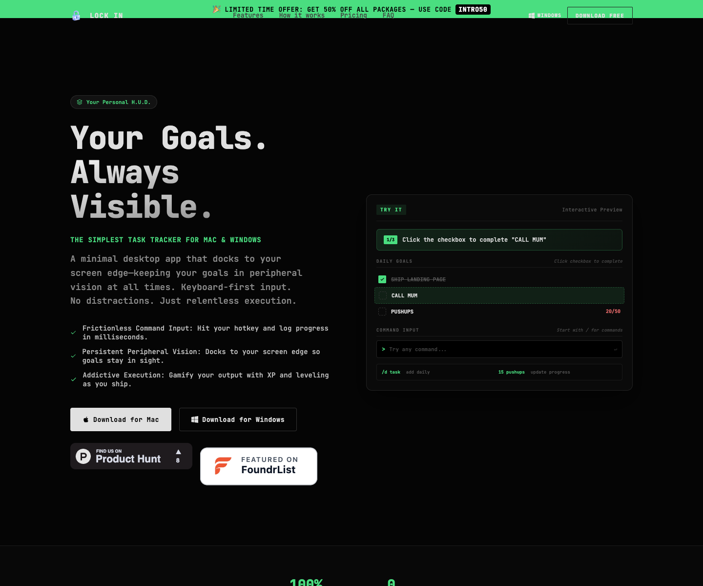 Lock In - Command-Driven Task Tracker landing page screenshot