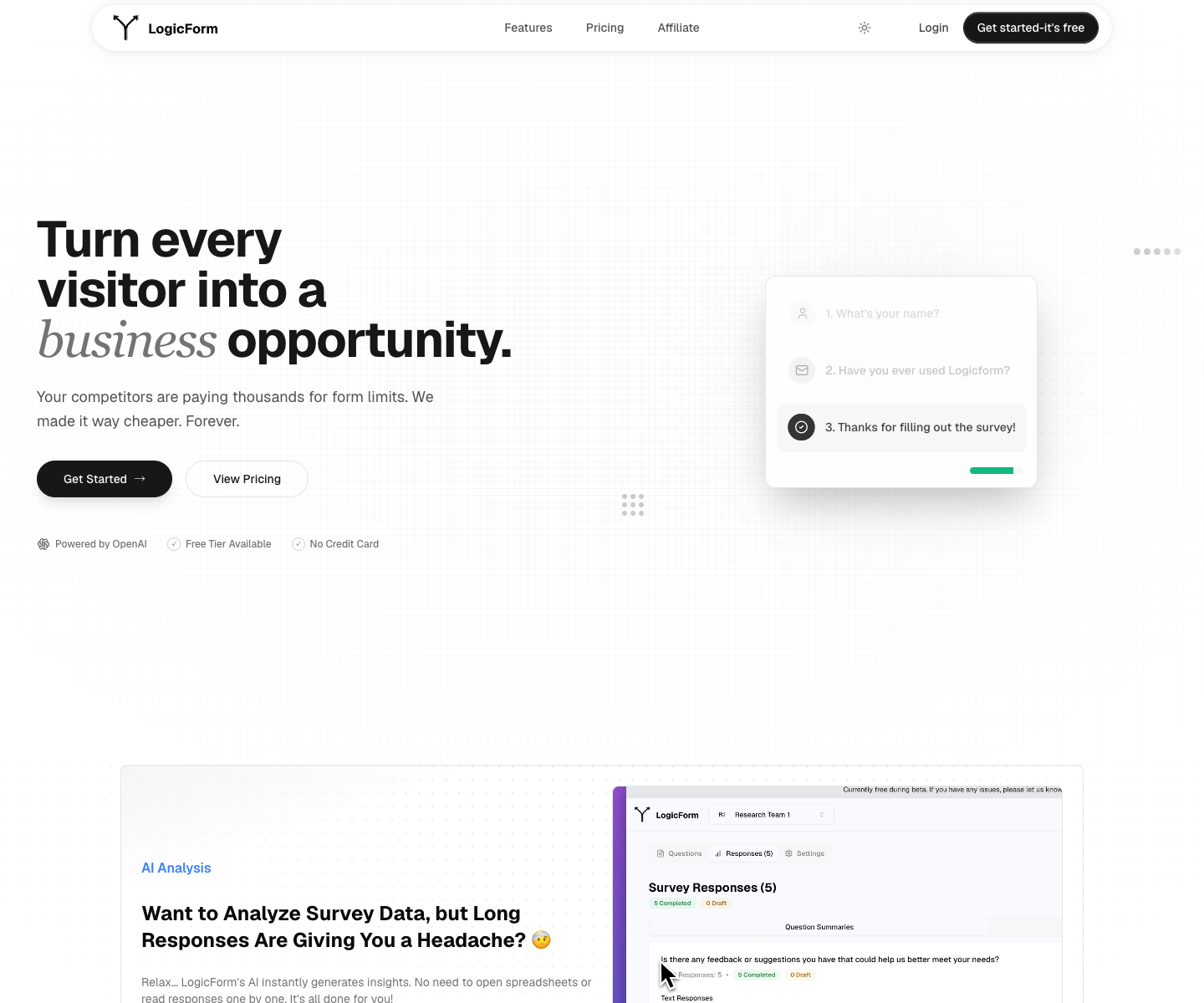 LogicForm landing page screenshot