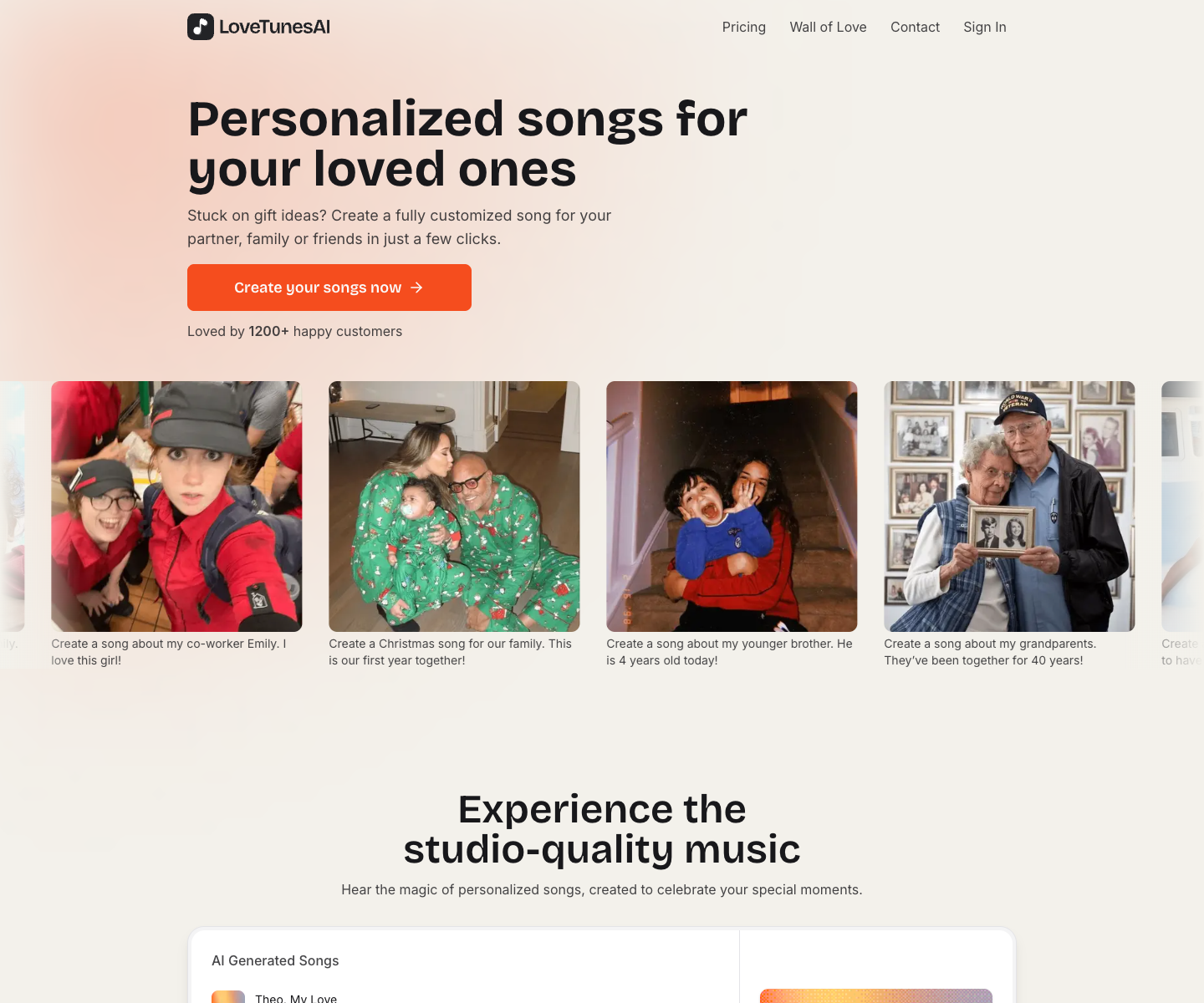 LoveTunesAI landing page screenshot