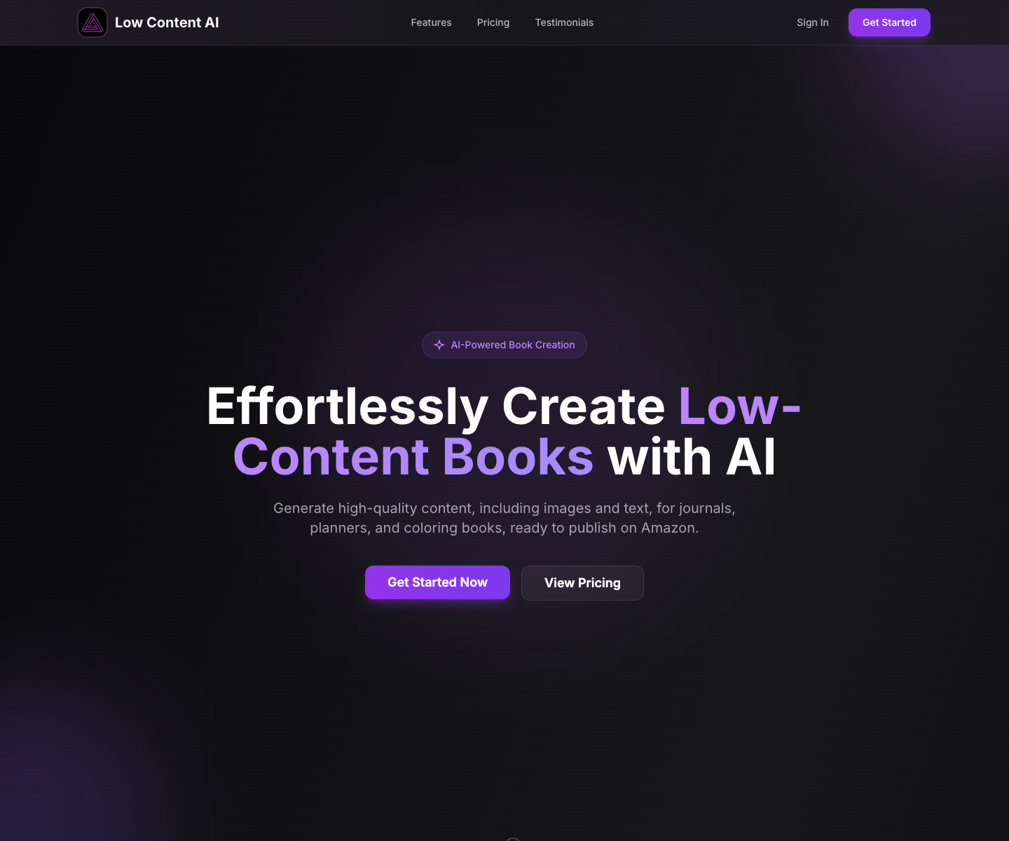 Low Content AI landing page screenshot