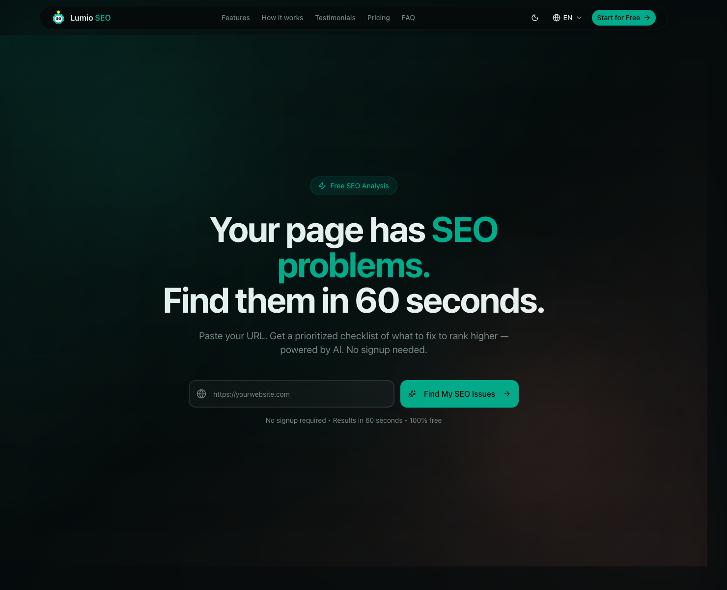 Lumio SEO landing page screenshot