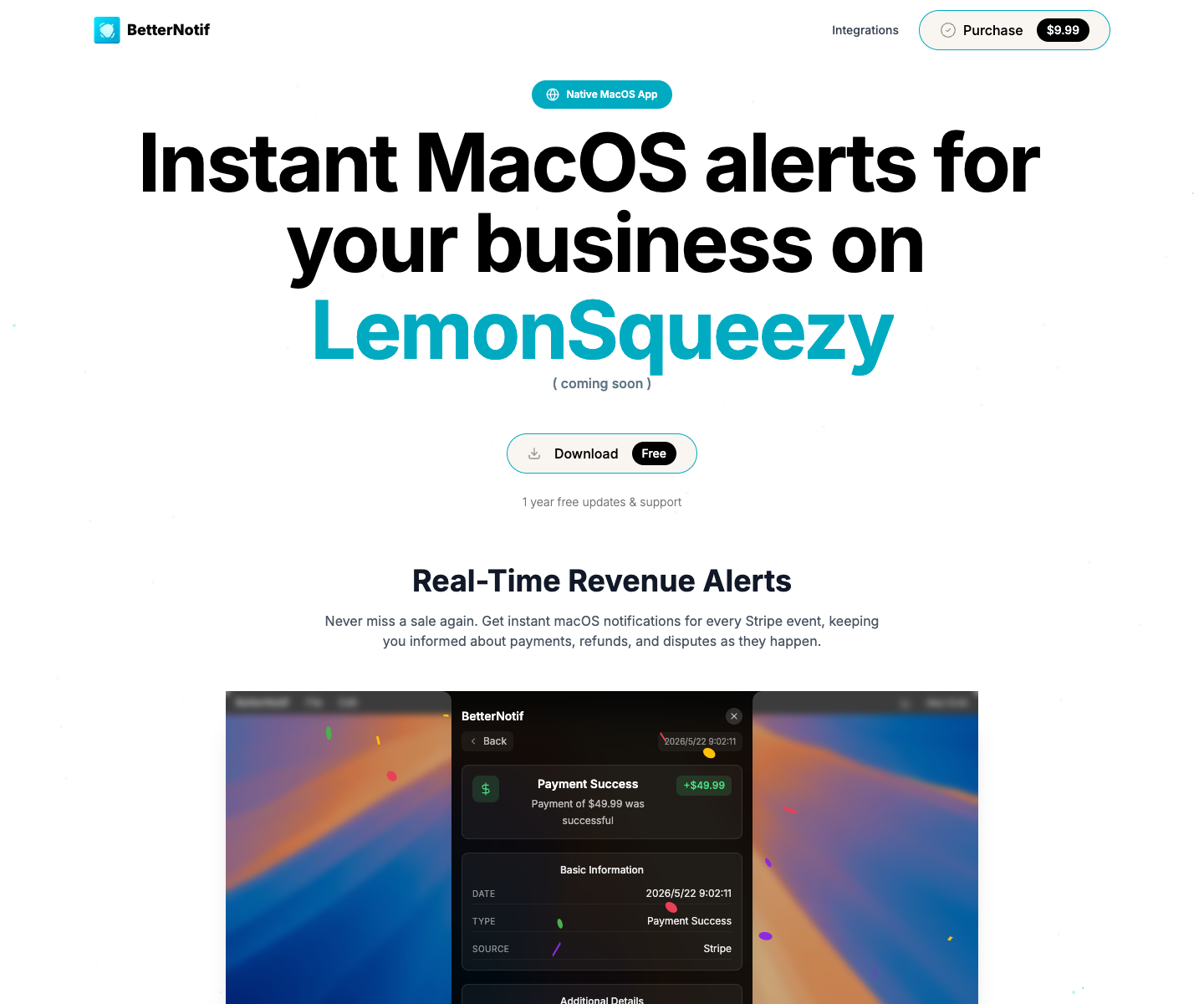 MacOS Stripe Notifications - BetterNotif landing page screenshot