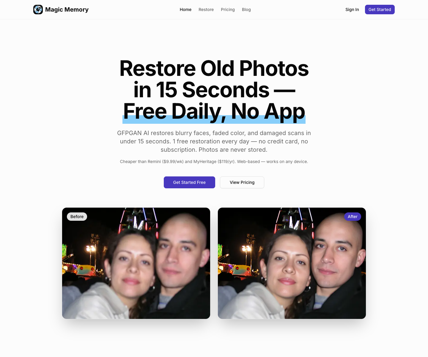 Magic Memory landing page screenshot