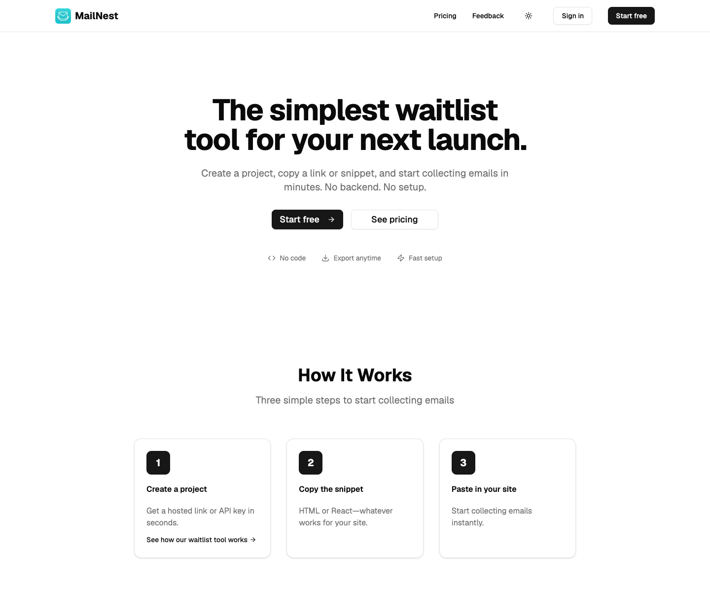 MailNest landing page screenshot