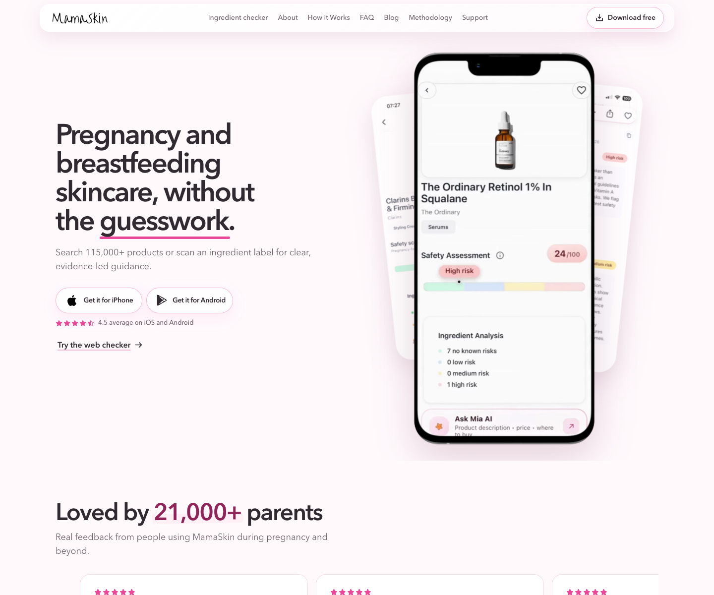 MamaSkin Pregnancy Skincare landing page screenshot