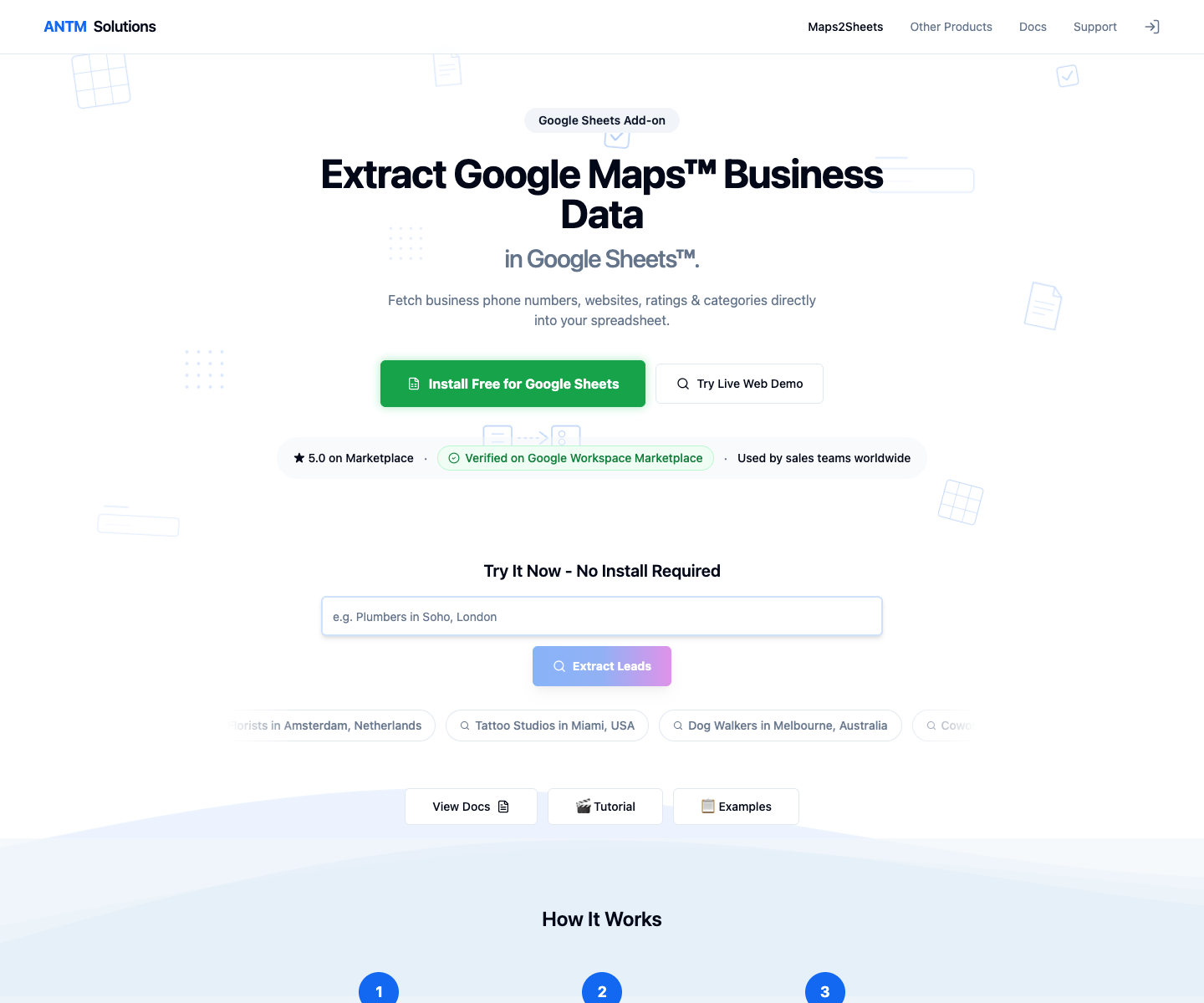 Maps2Sheets landing page screenshot