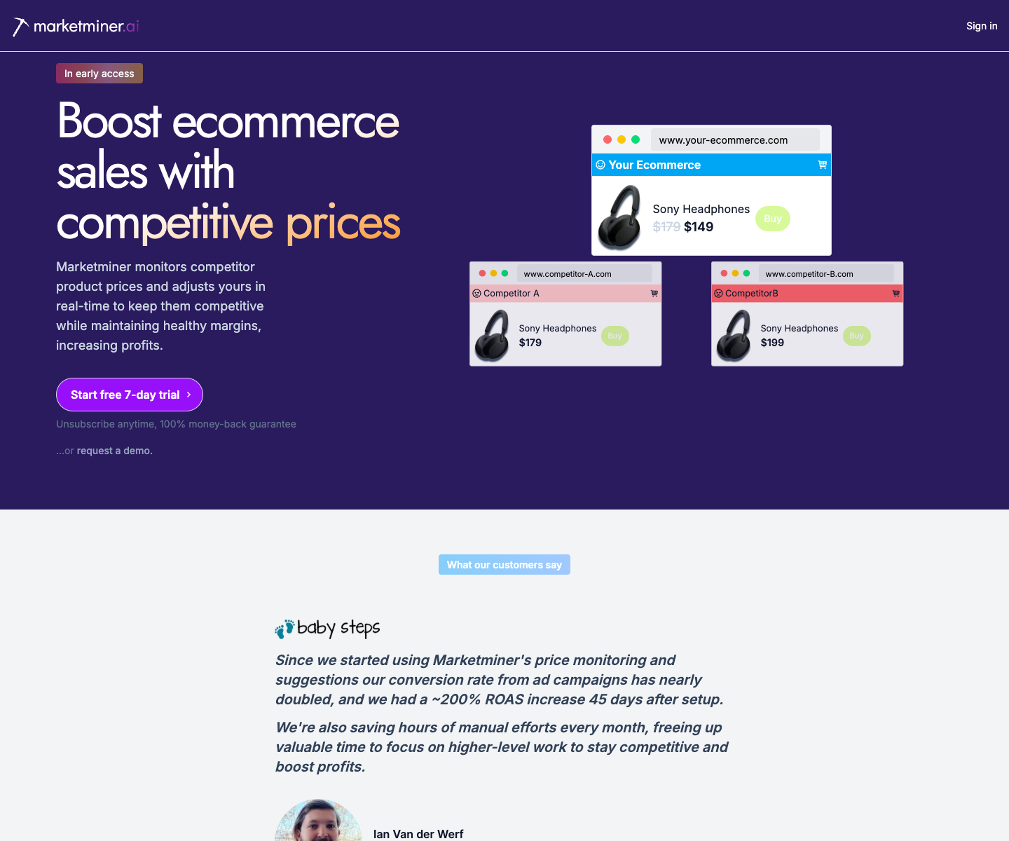 marketminer.ai landing page screenshot