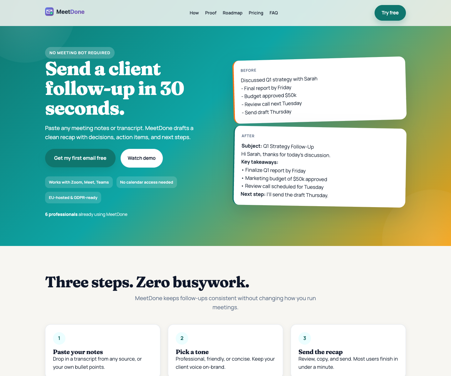 Meet Done landing page screenshot