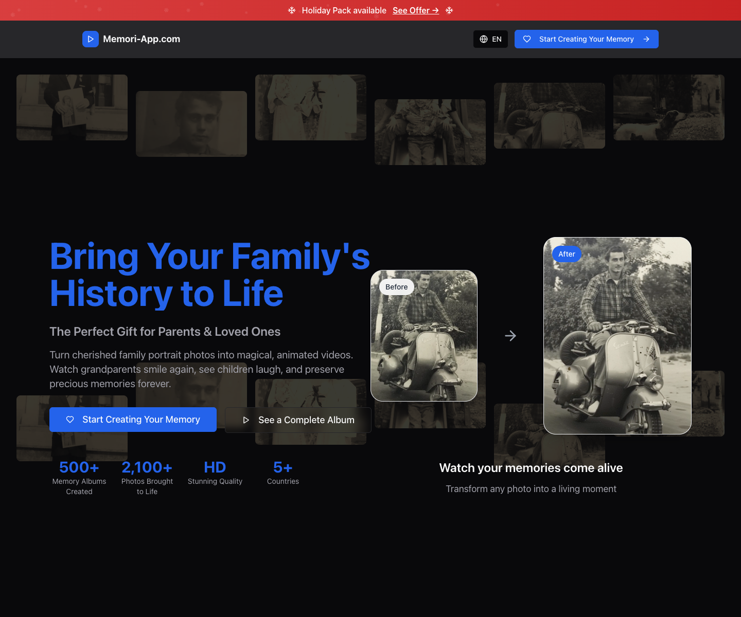 Memori-App.com landing page screenshot