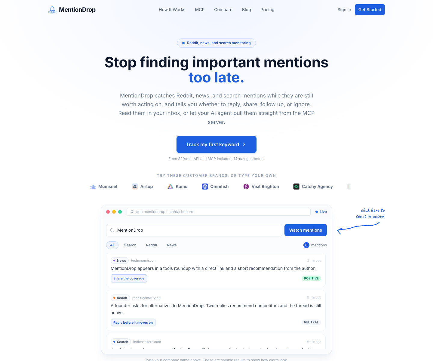 Mention Drop landing page screenshot