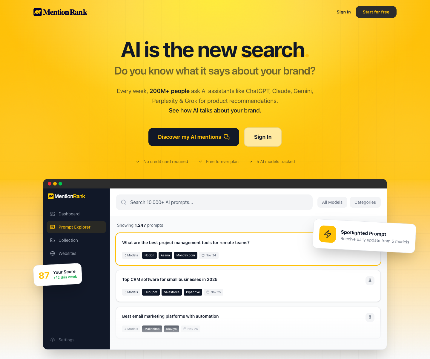 Mentionrank landing page screenshot