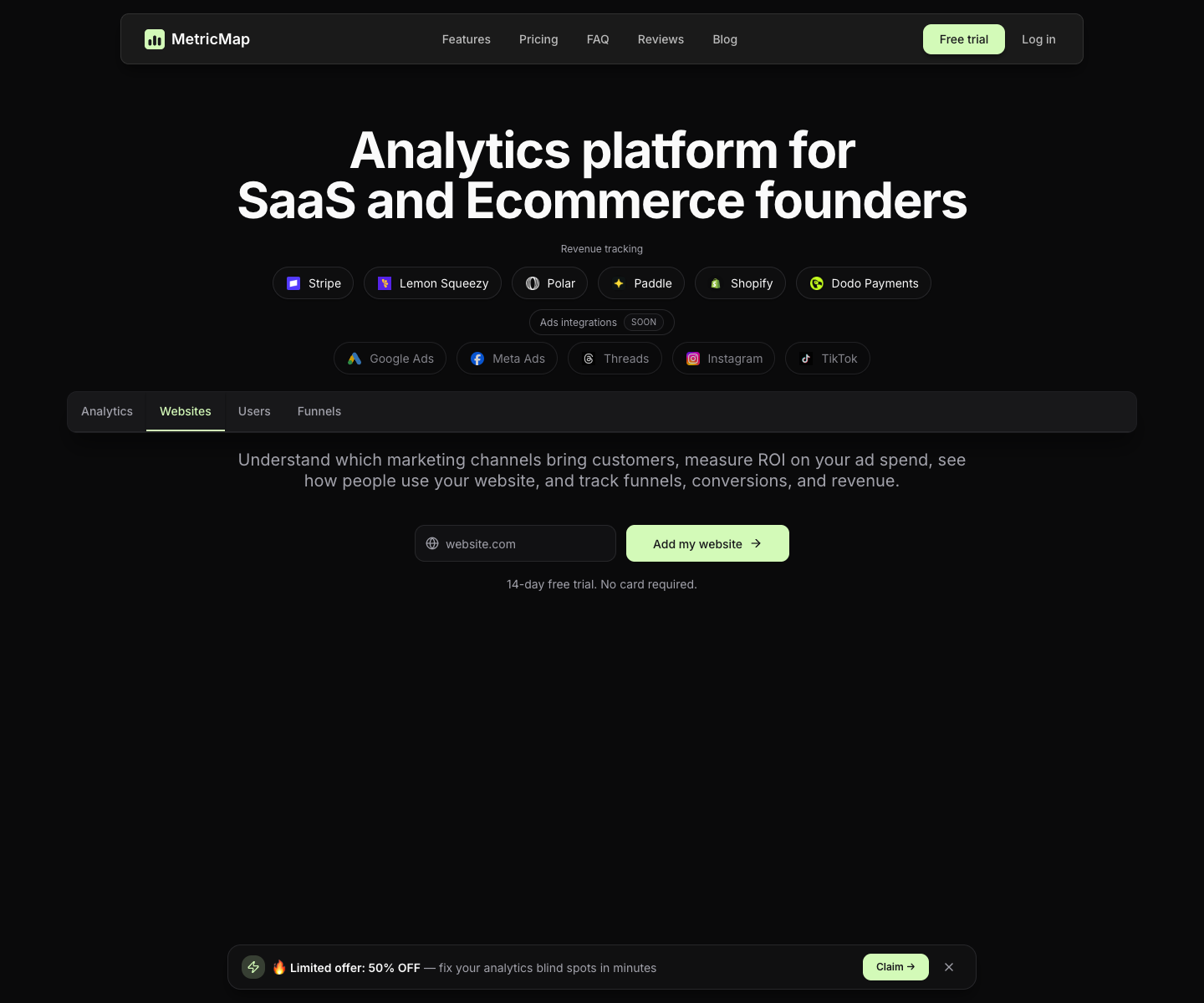 MetricMap.tech - Analytics platform for SaaS and Ecommerce founders landing page screenshot