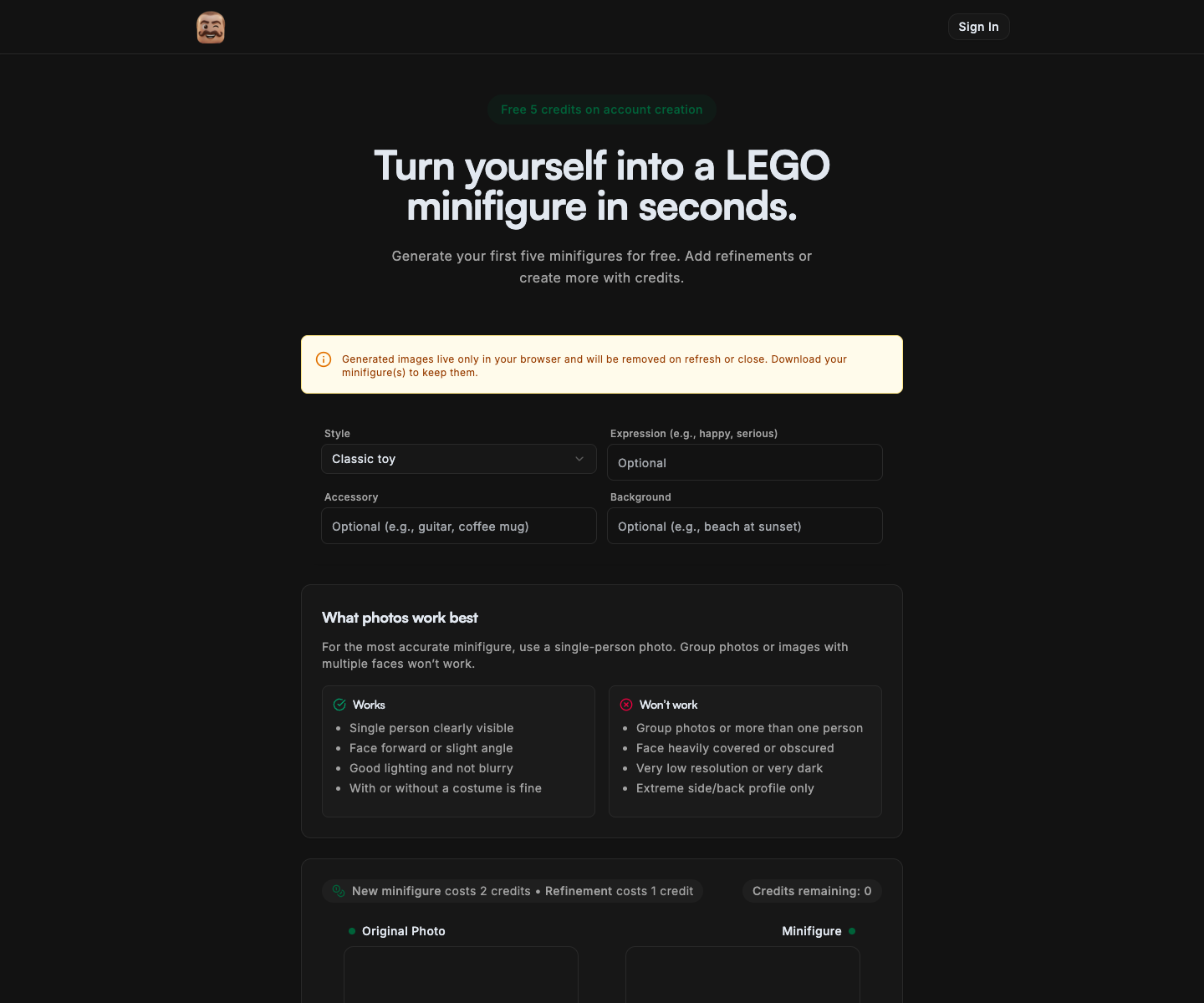 Minifig landing page screenshot