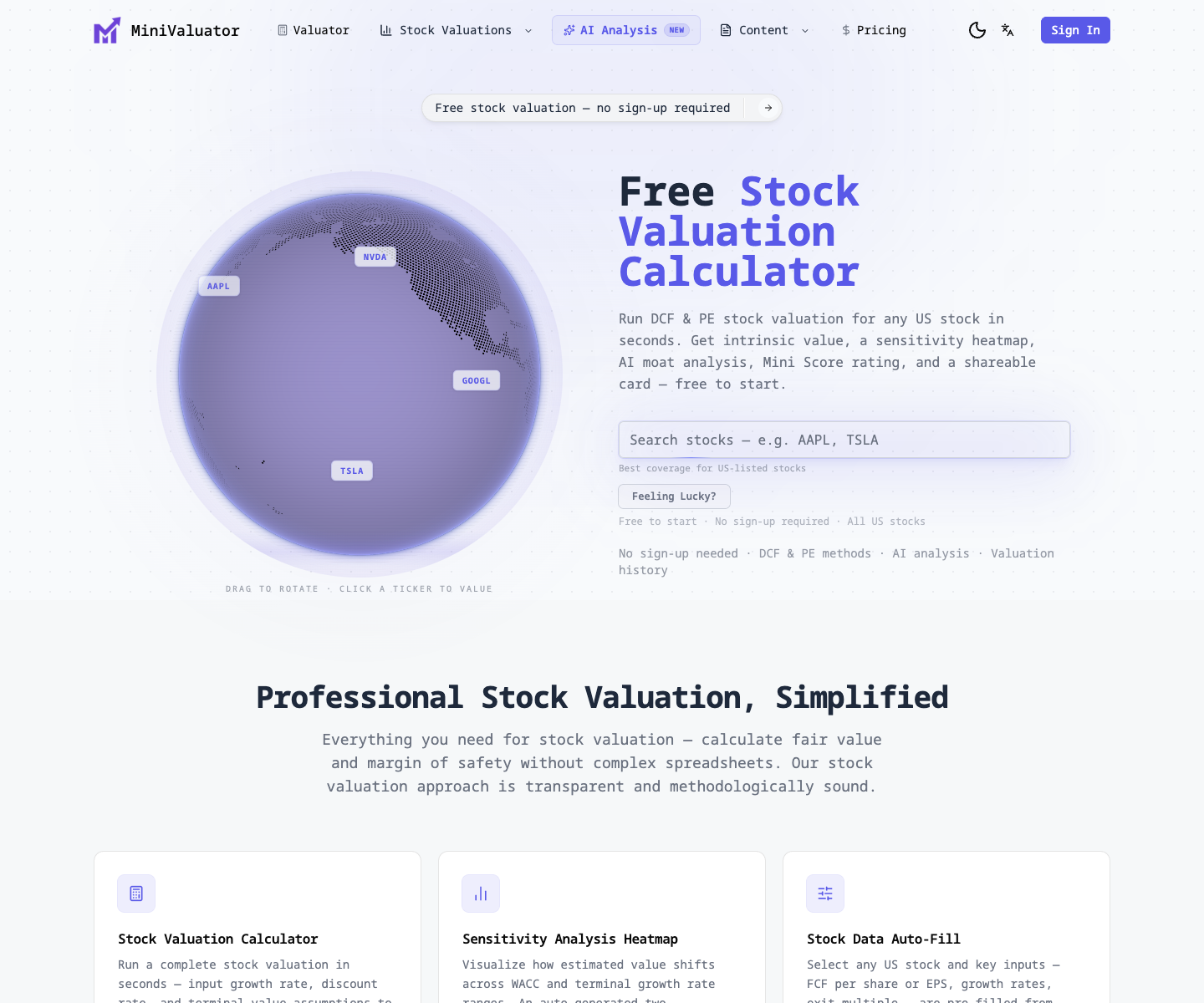MiniValuator landing page screenshot