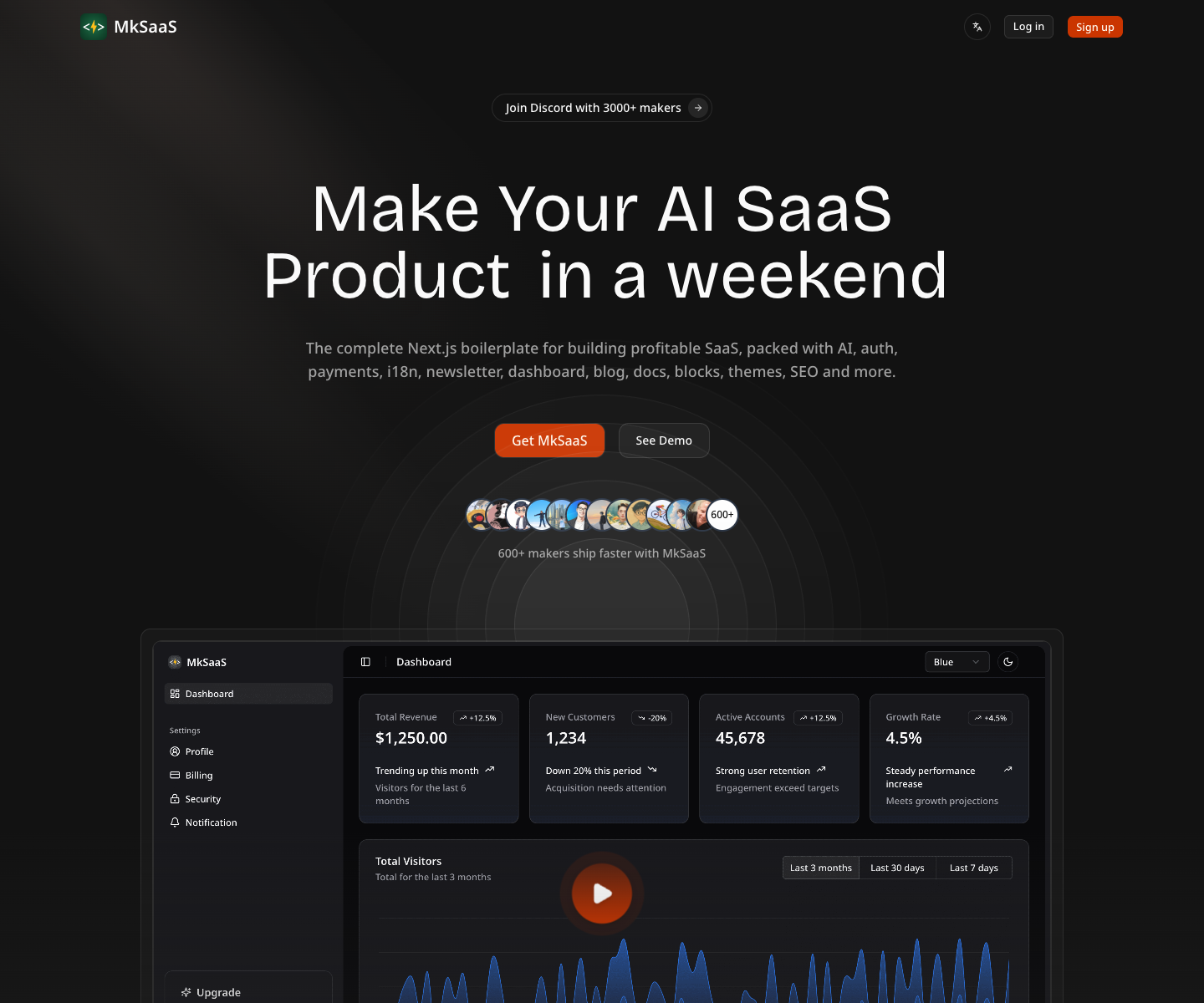 MkSaaS landing page screenshot