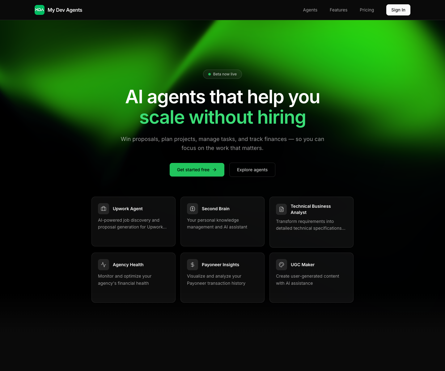 My Dev Agents landing page screenshot