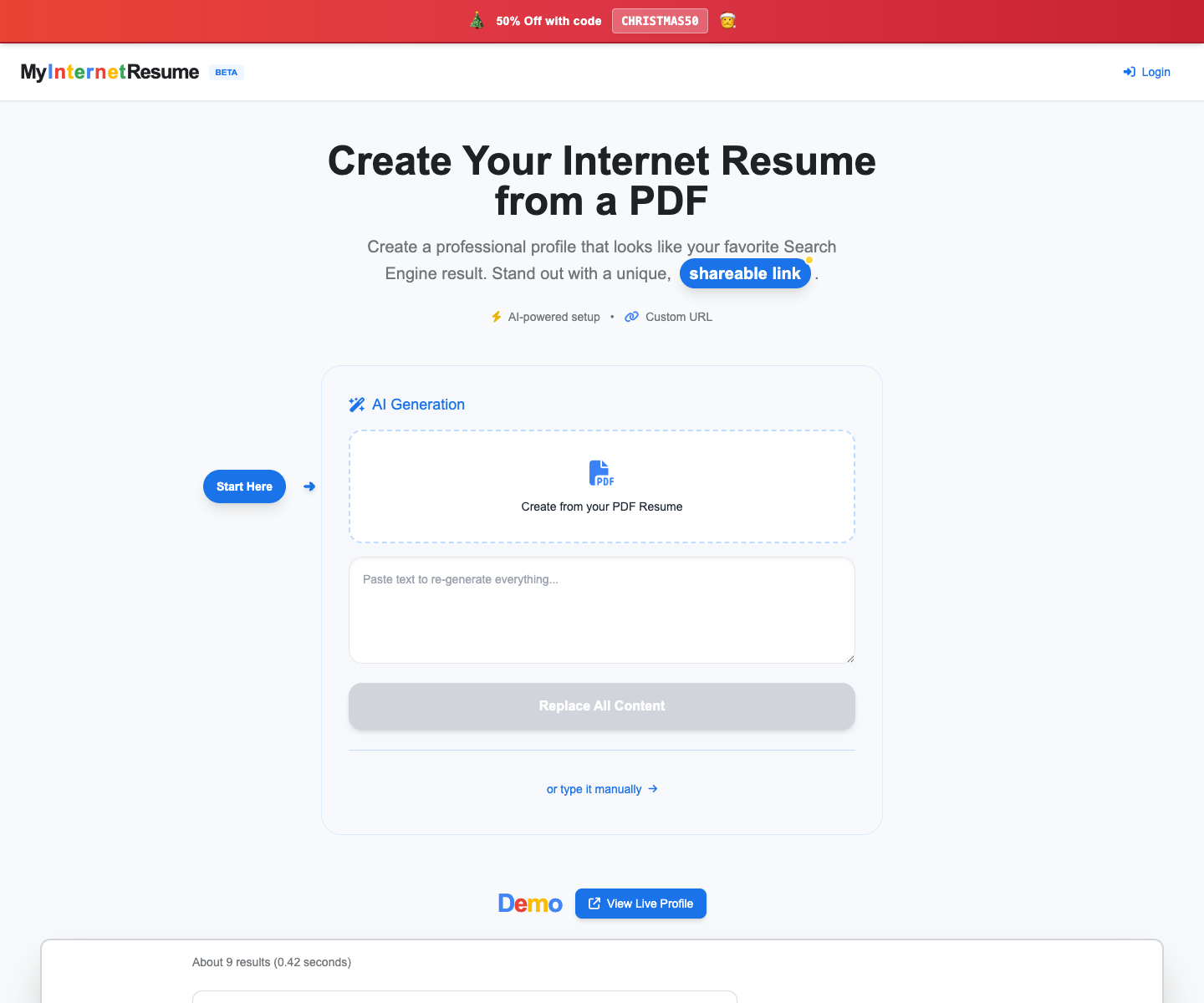My Internet Resume landing page screenshot