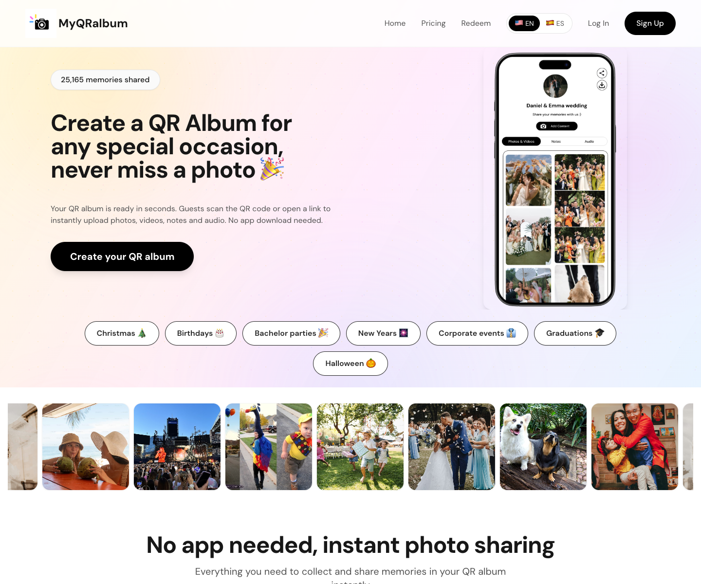 My QR album.com landing page screenshot