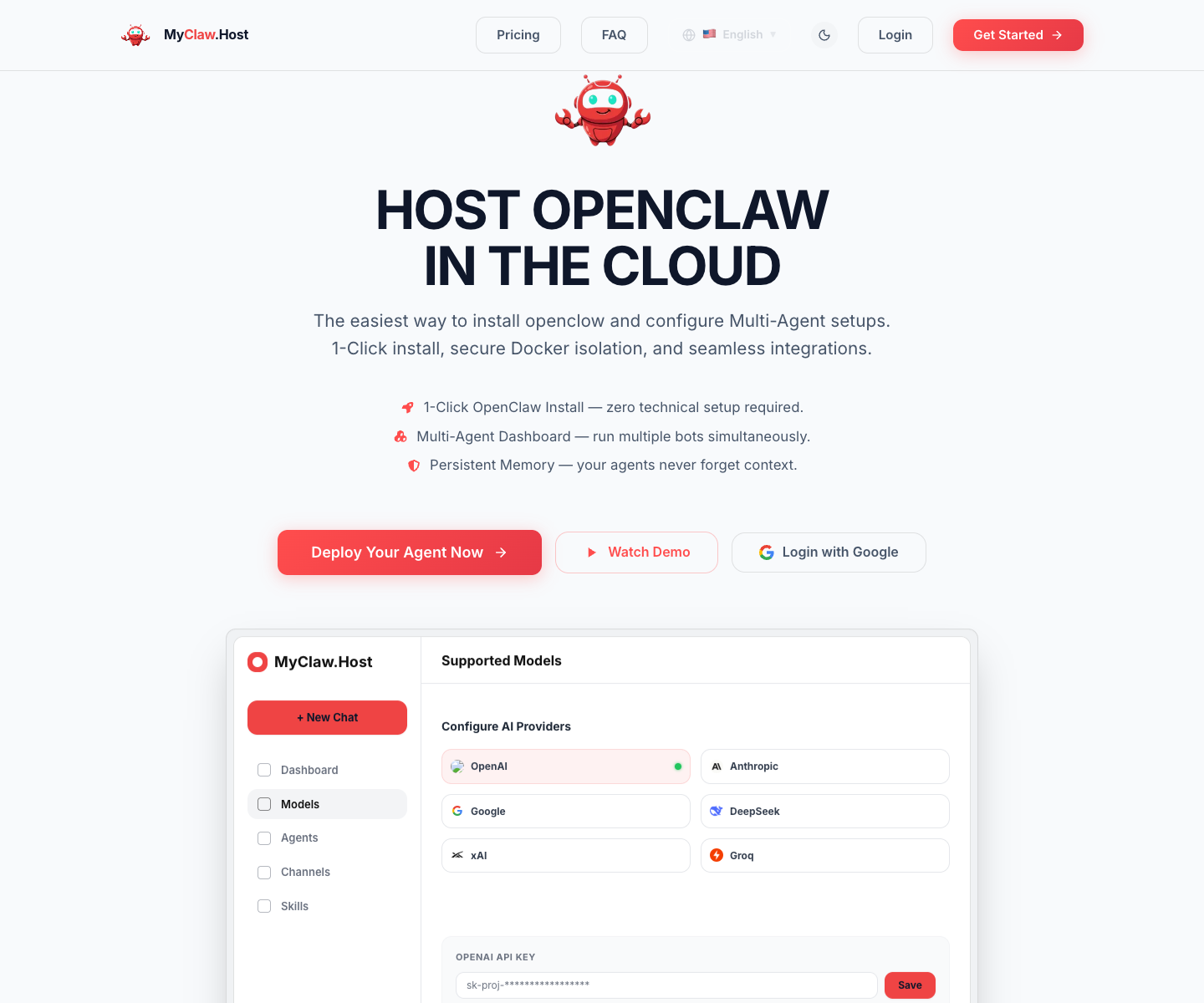 MyClaw.host landing page screenshot
