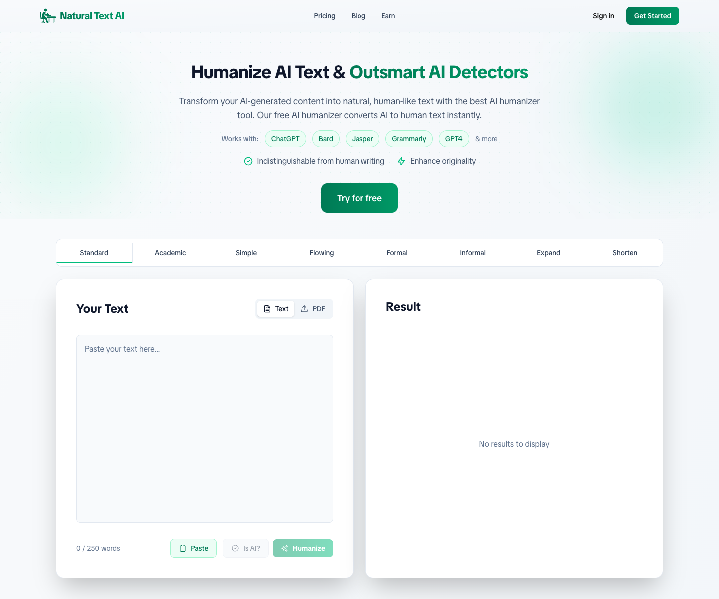 Natural Text AI landing page screenshot