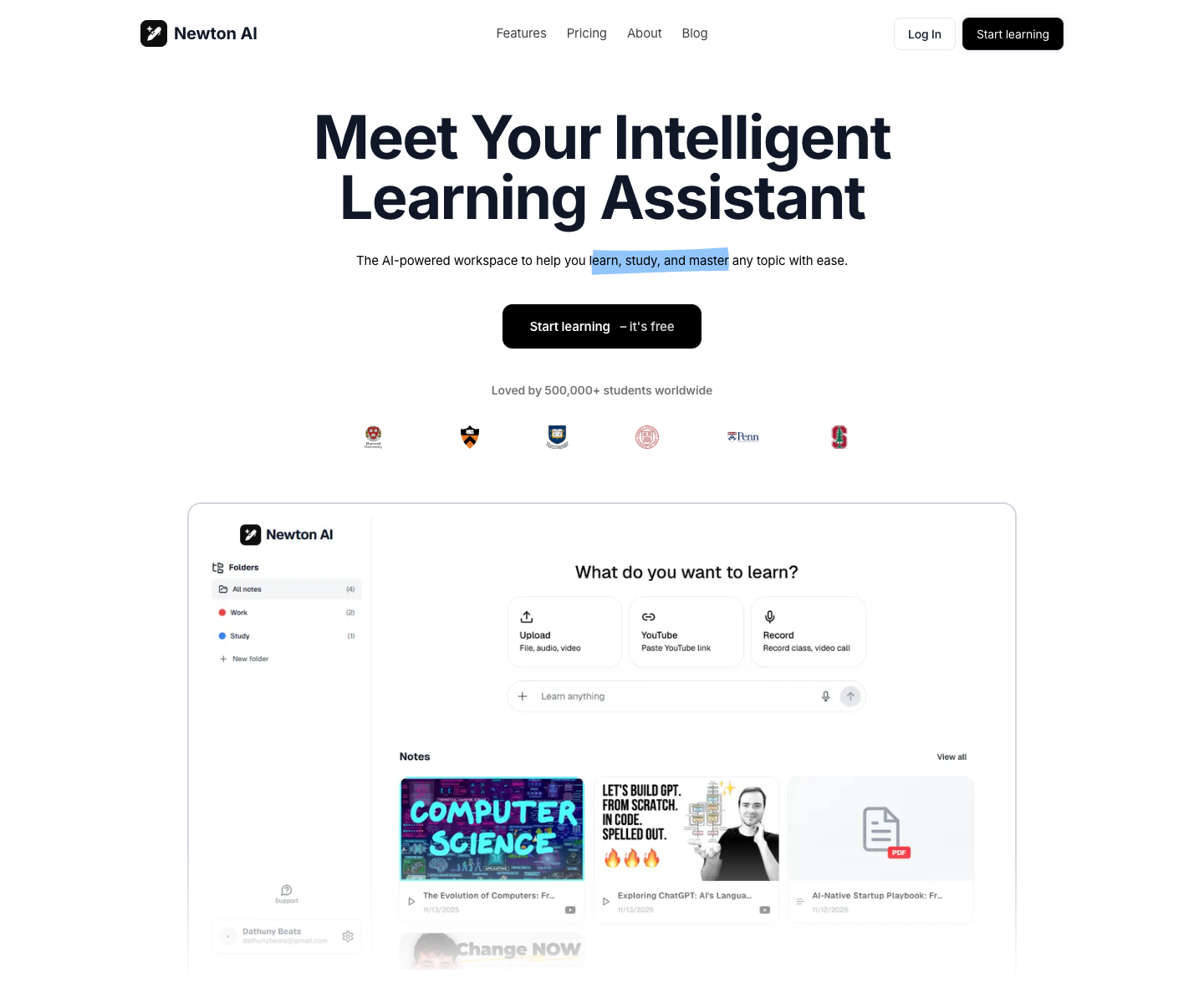 Newtonstudy Ai landing page screenshot