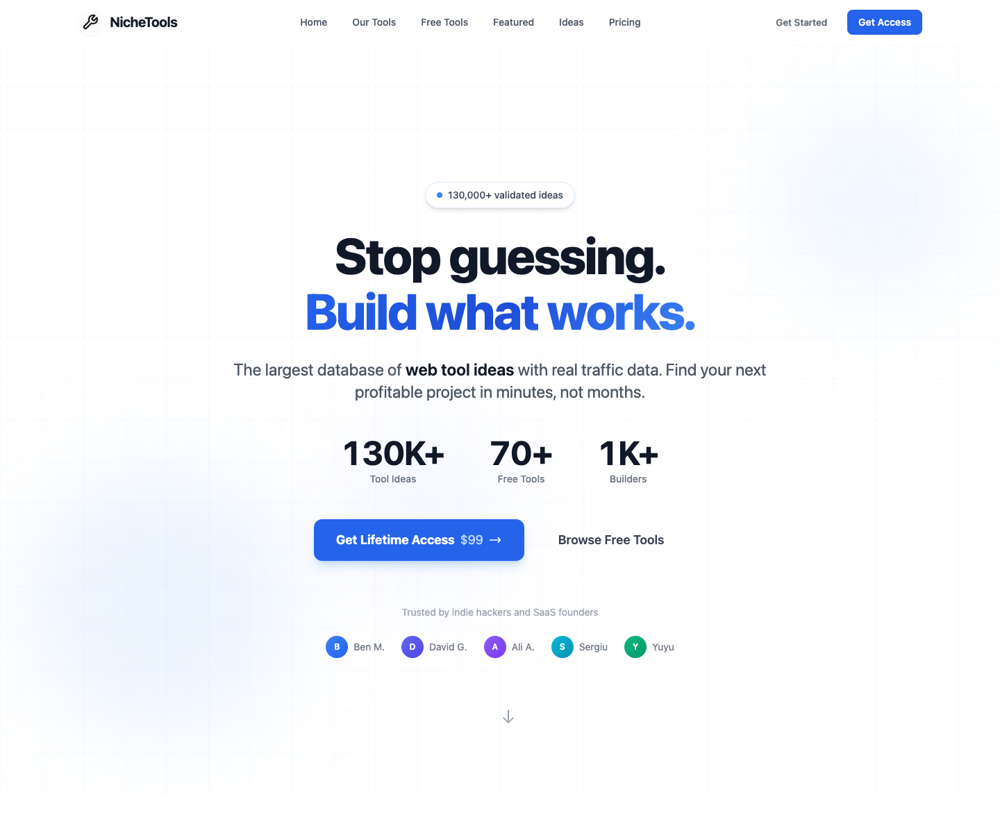 Niche Tools landing page screenshot