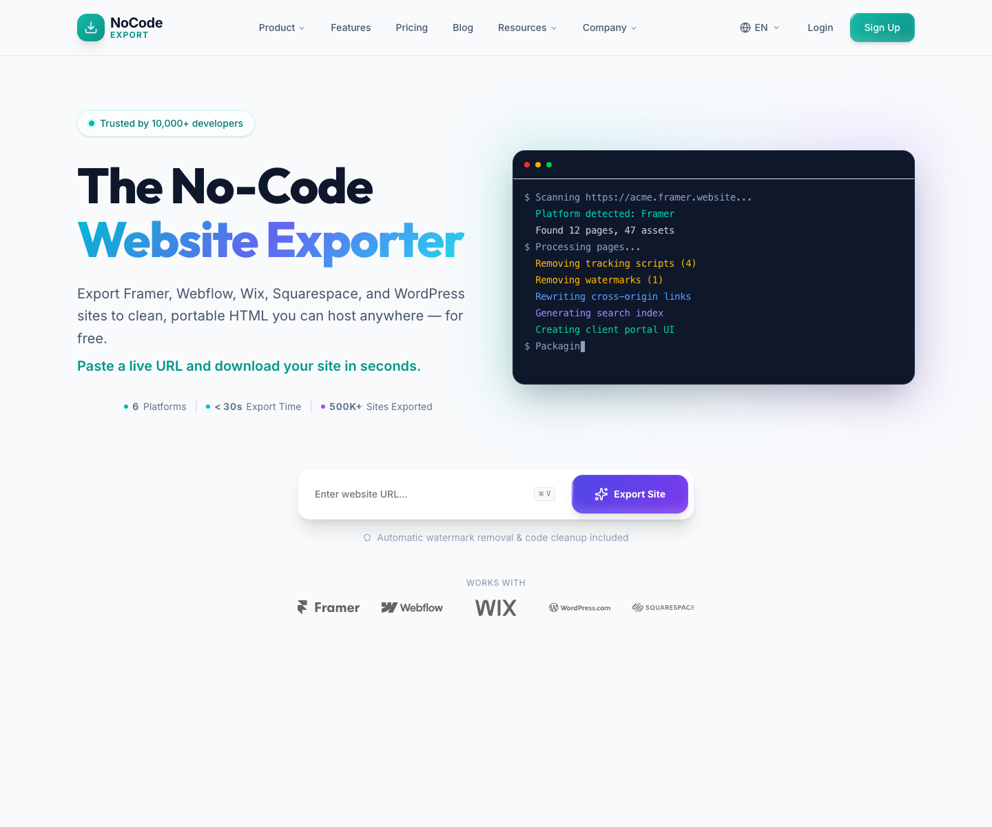 NoCodeExport landing page screenshot