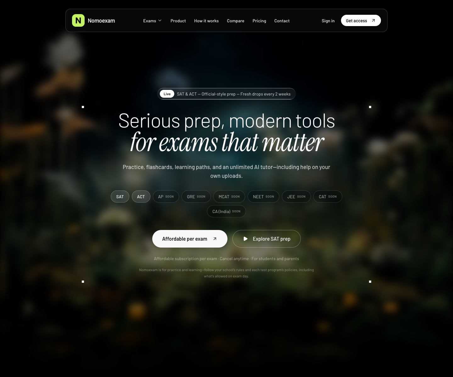 nomoexam landing page screenshot