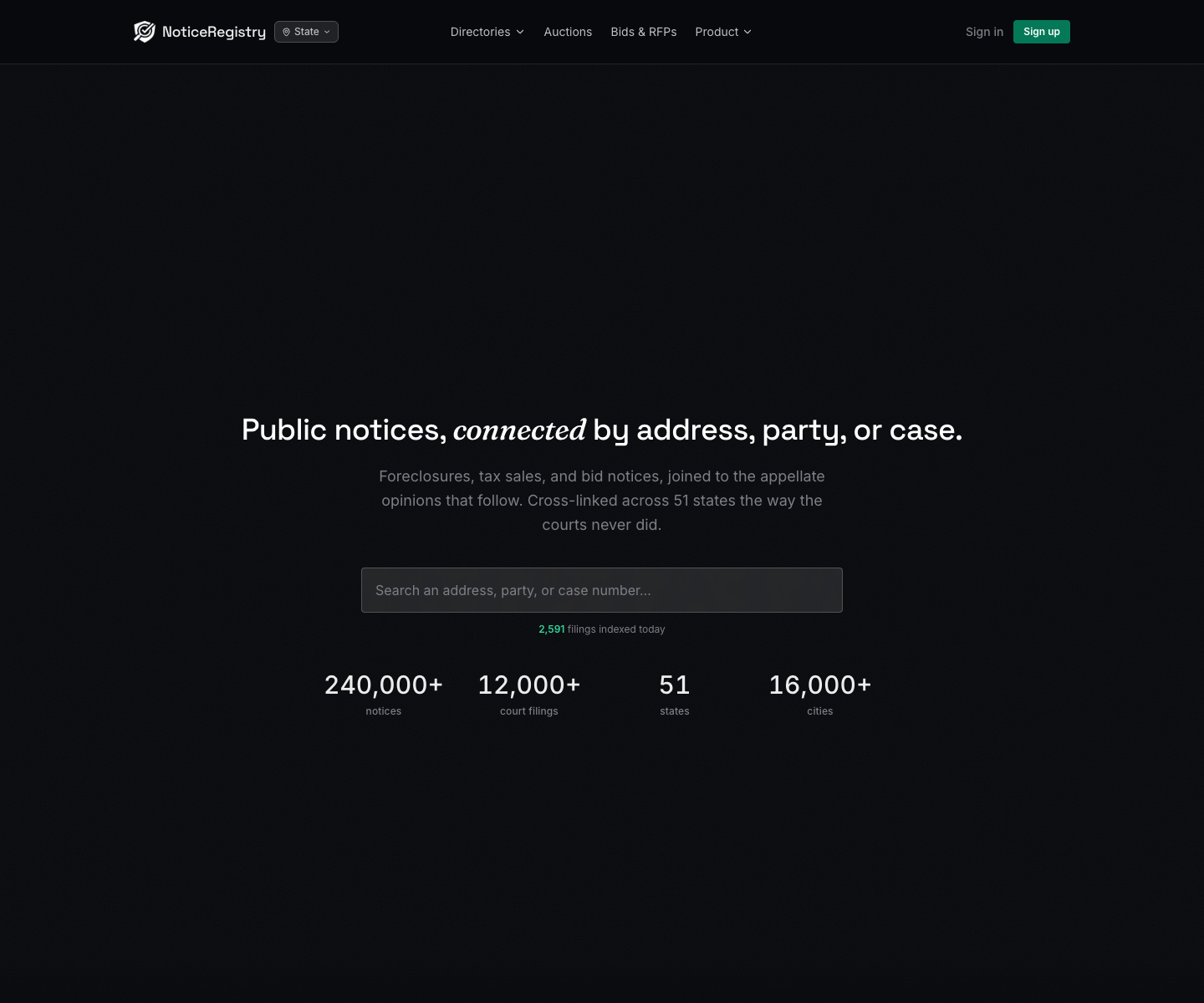 NoticeRegistry landing page screenshot
