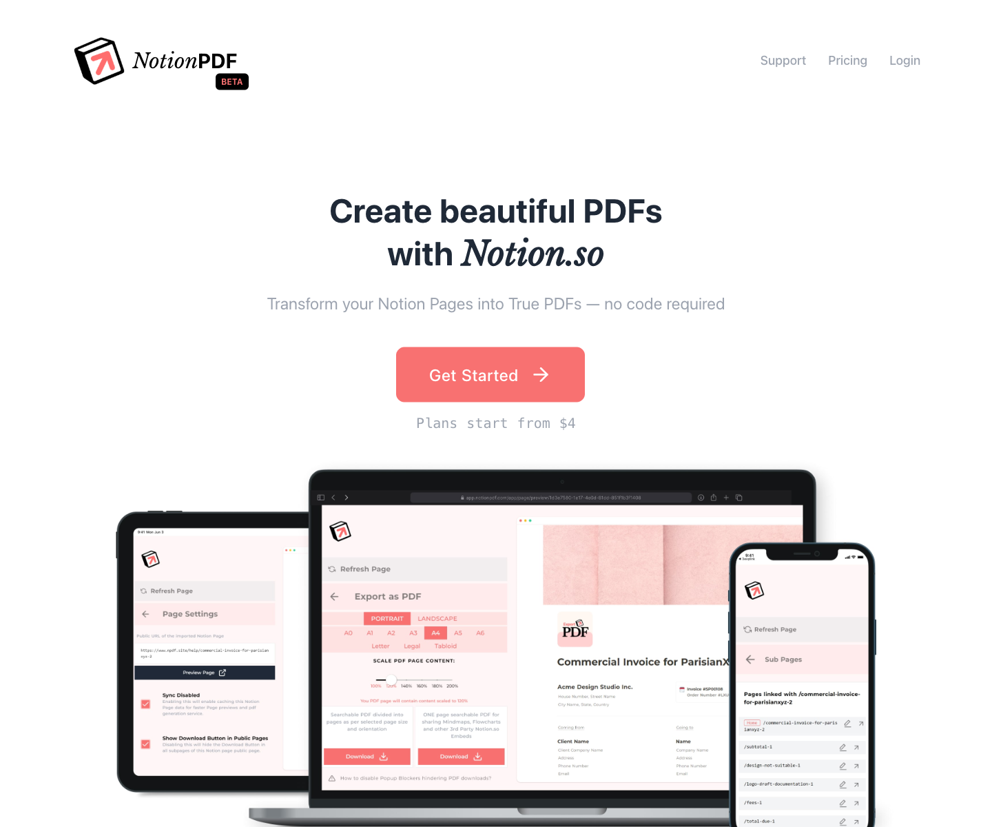 NotionPDF landing page screenshot